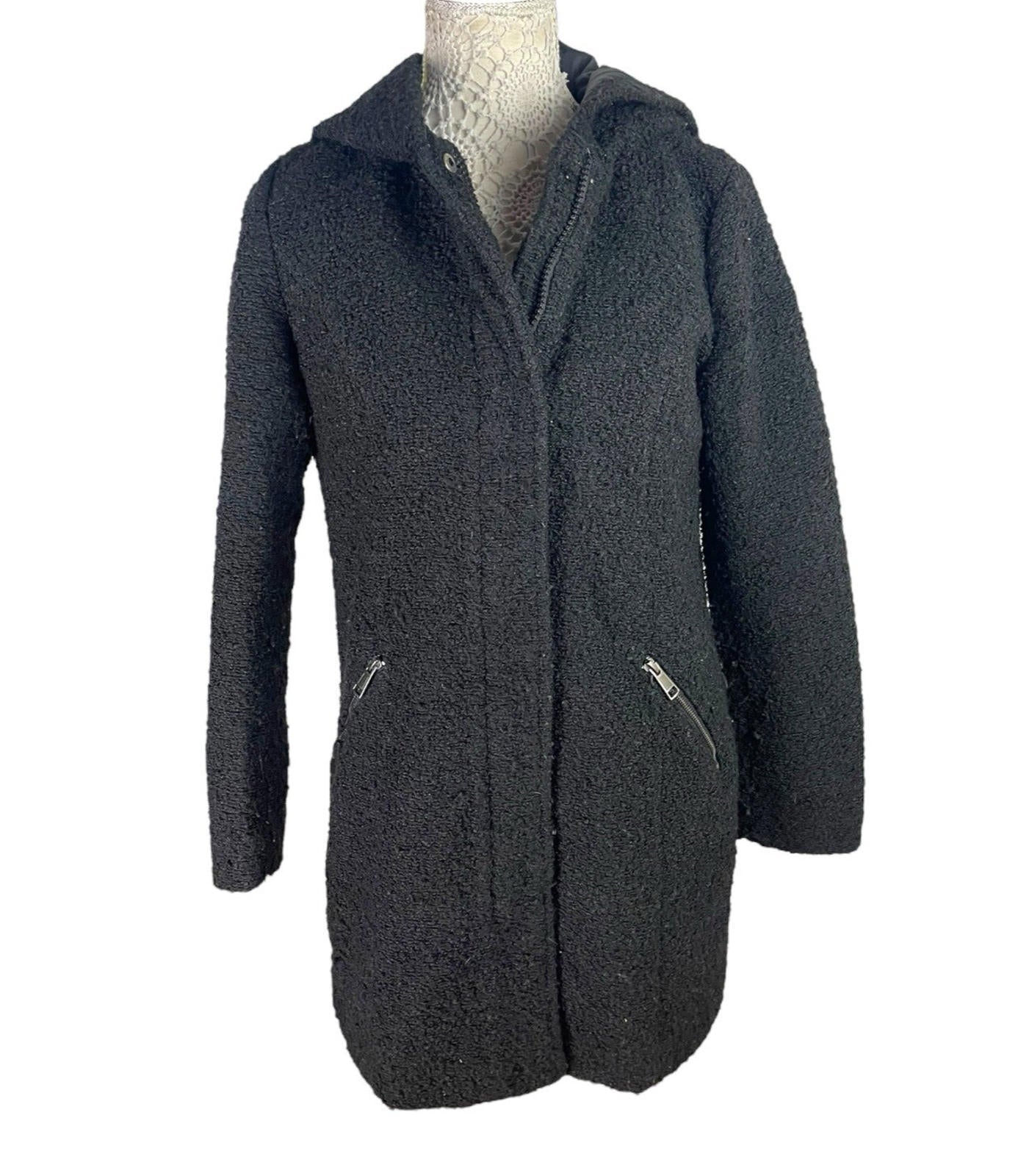 Primark Black Teddy Fleece Coat Mid Length Hooded Women’s UK Size 14