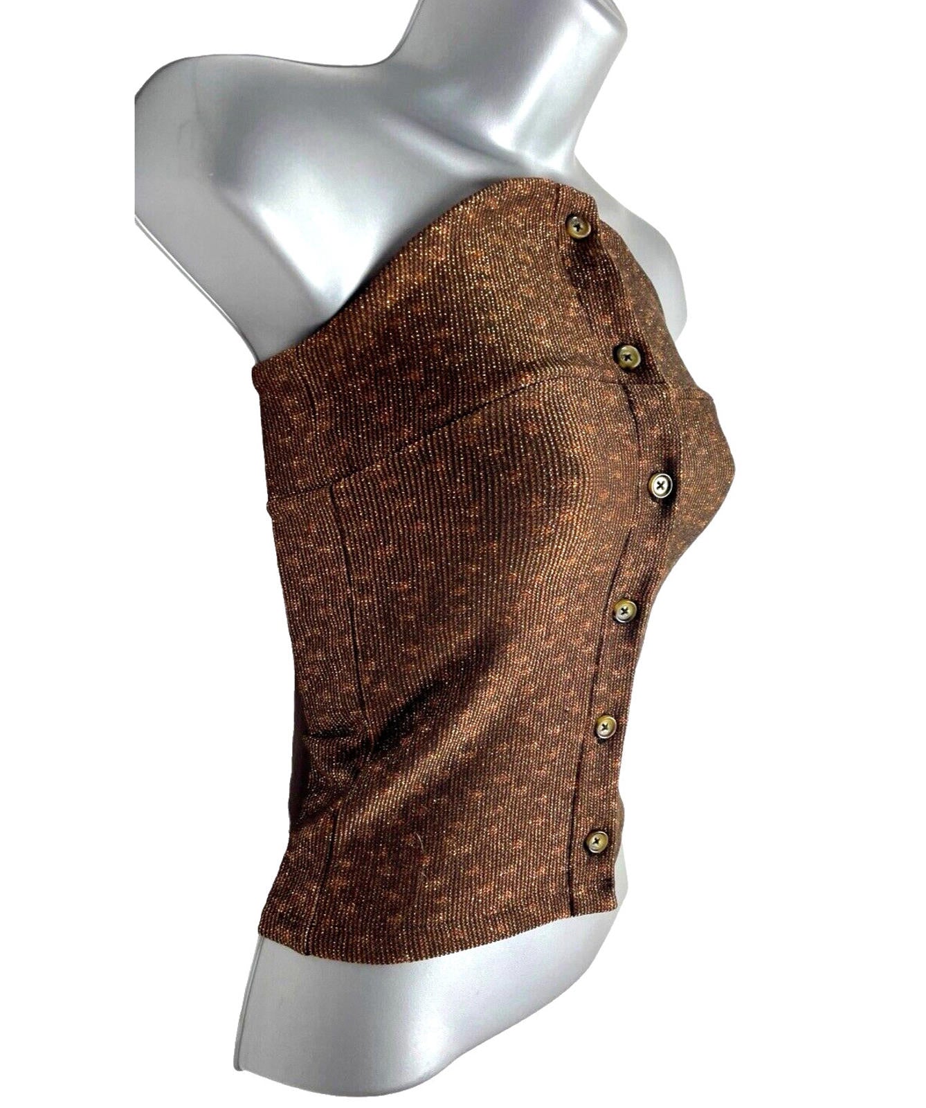 Brown Knit Bandeau Top Women’s UK Size 6 Strapless Button Up Gold Sparkle Detail