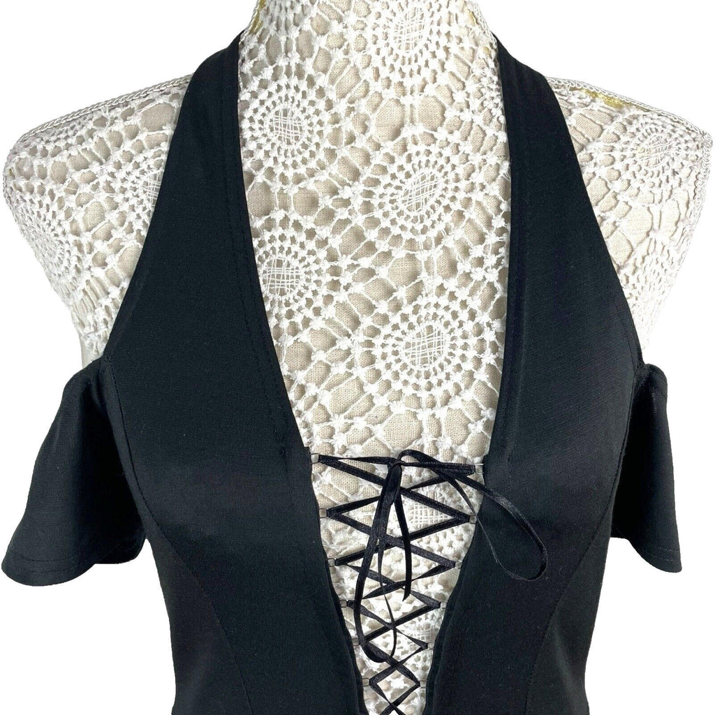 Black Halter Neck Mini Dress Lace Up Front Cold Shoulder Women’s UK Size 8