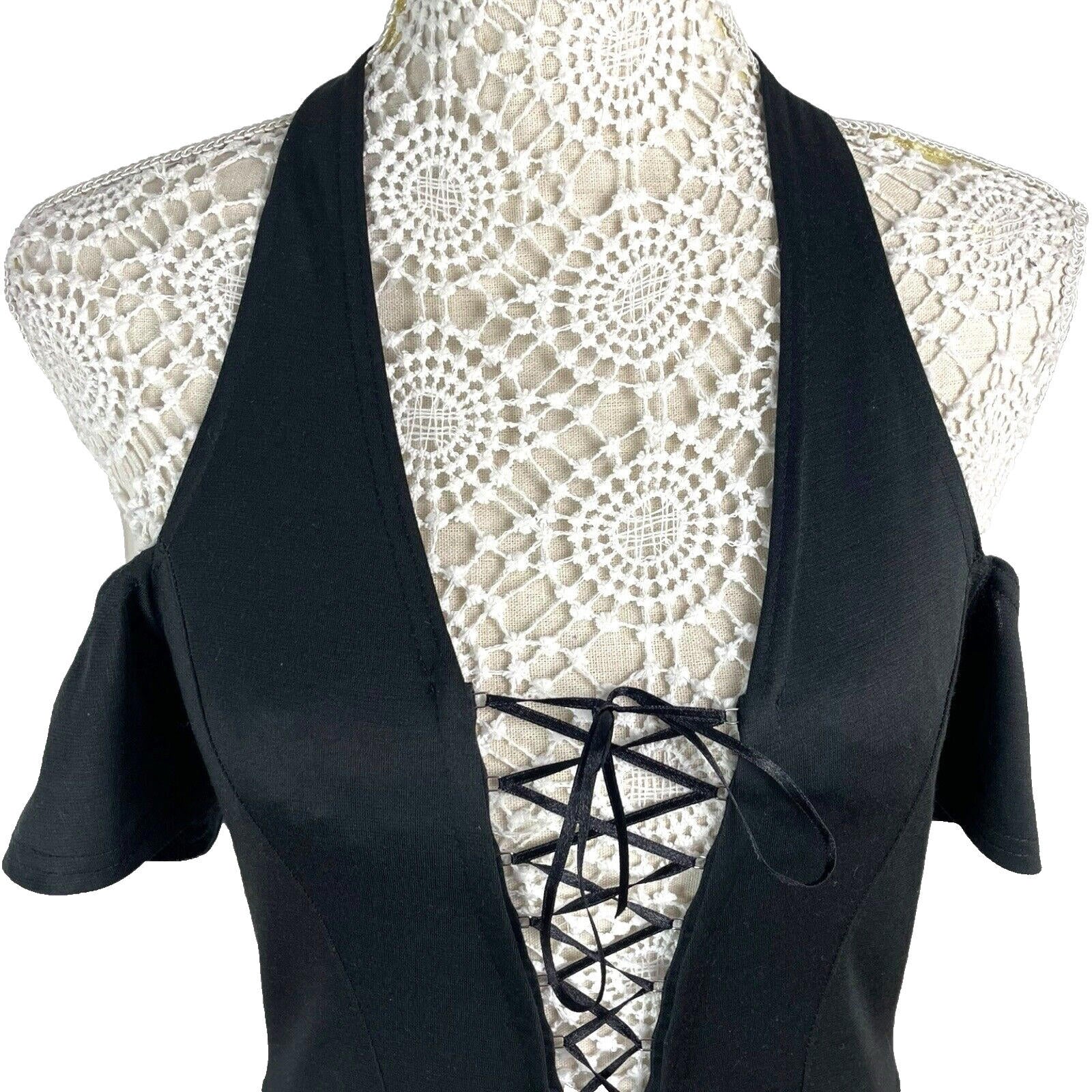 Black Halter Neck Mini Dress Lace Up Front Cold Shoulder Women’s UK Size 8