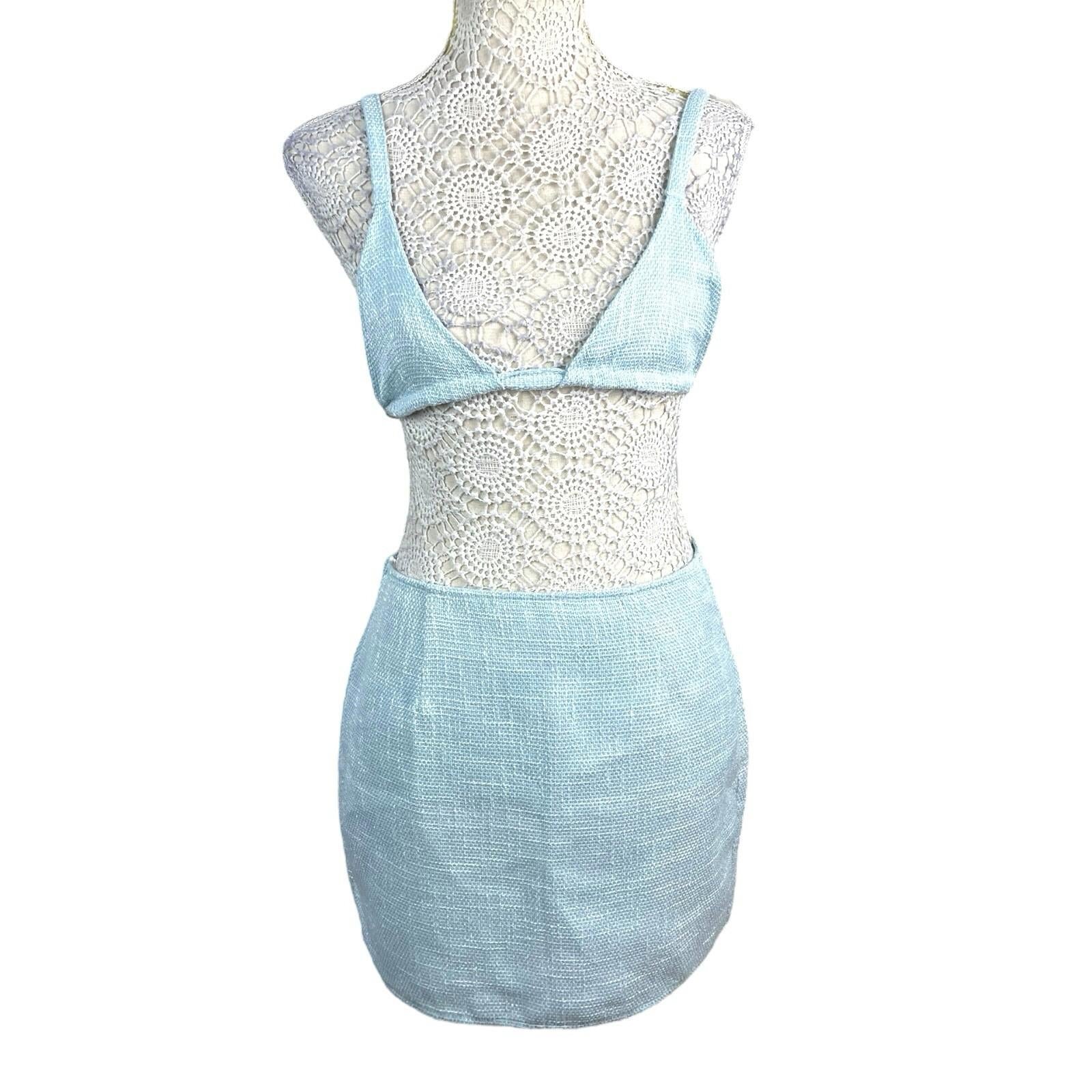 Pretty Little Thing Crop Top & Skirt Co-ord Women’s UK Size 8 Blue Linen Look