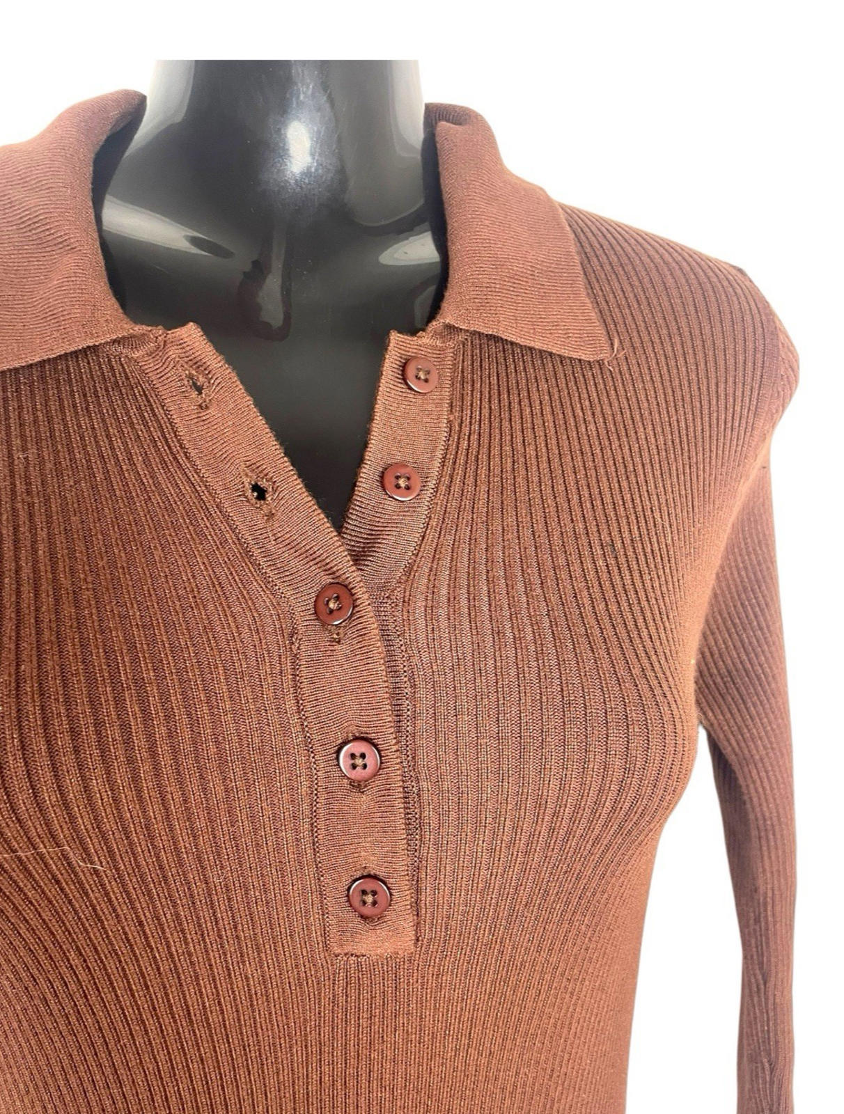 Stradivarius Rib-Knit Polo Dress Women’s UK Size XS Short Brown Long Sleeve