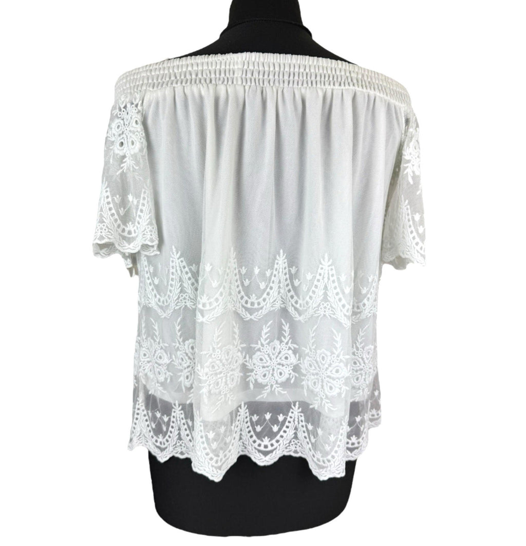 New Look Off Shoulder Blouse Women’s UK Size 10 White Lace Trim Shirred Bardot