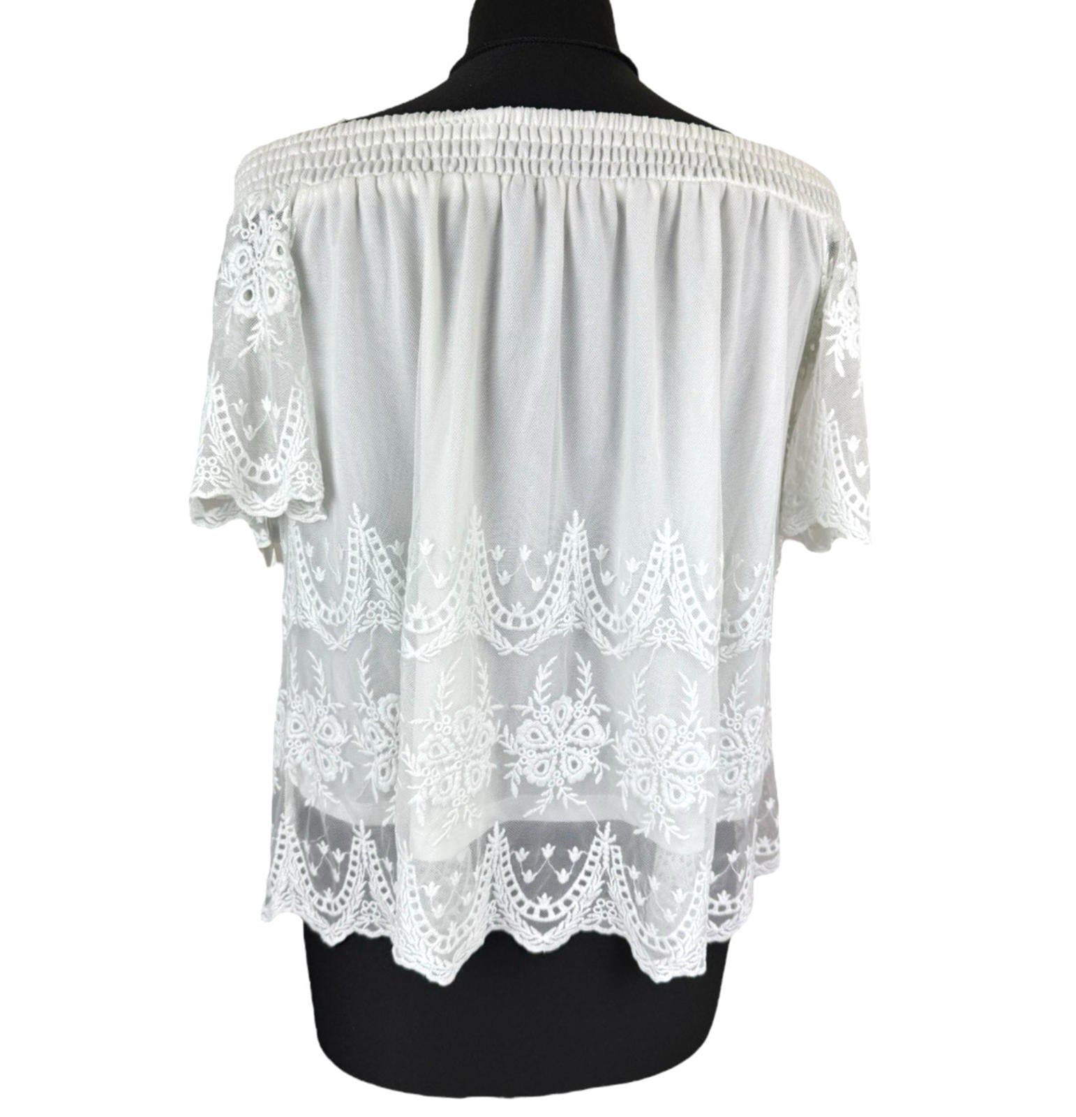 New Look Off Shoulder Blouse Women’s UK Size 10 White Lace Trim Shirred Bardot