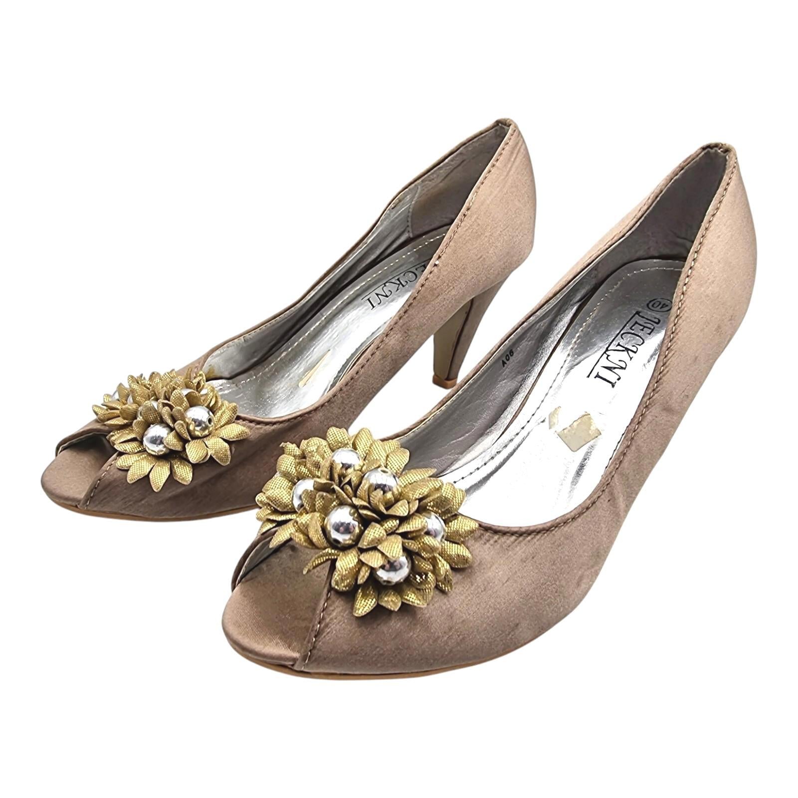 Jeckni Taupe Satin Slingback Court Shoes Women's UK Size 6.5 Gold Floral Corsage