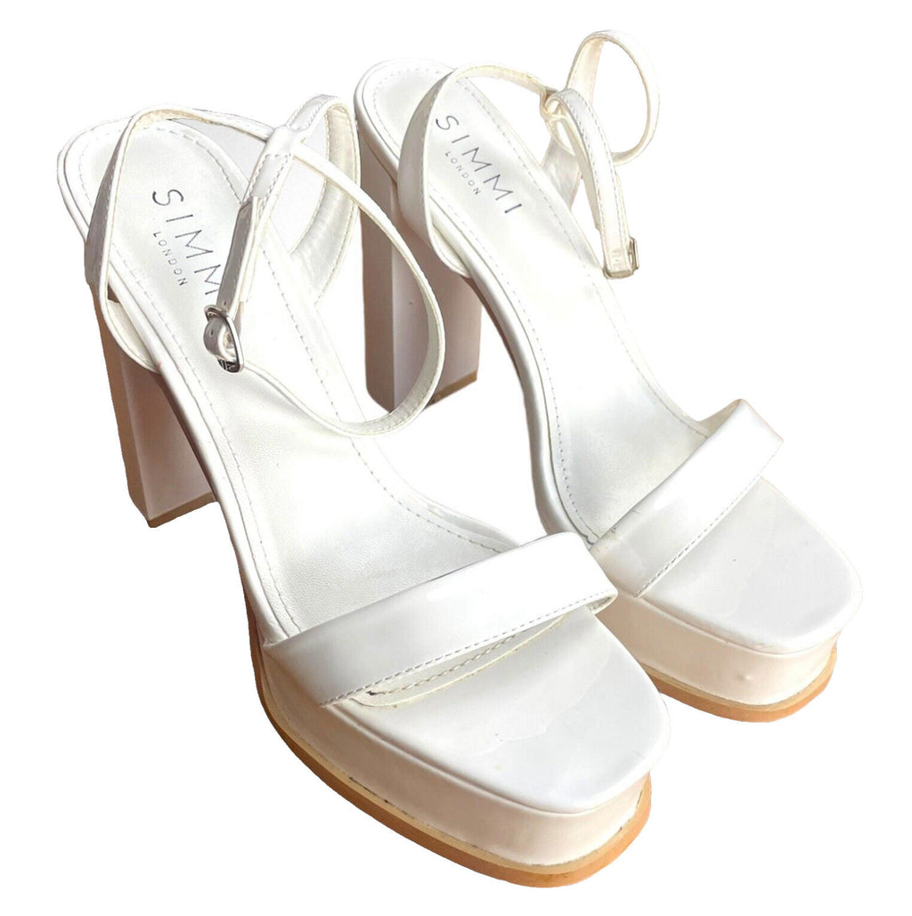 Simmi Platform Block Heel Sandals Women’s UK Size 6 Wide Fit White Patent Shoes