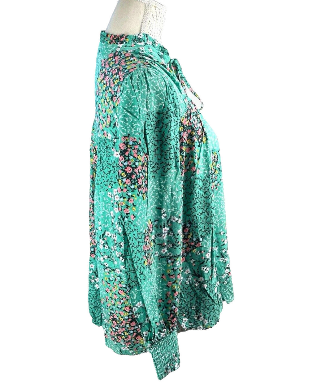 Marks & Spencer Floral Blouse Women’s UK Size 12 Tie Neck Long Sleeve Green