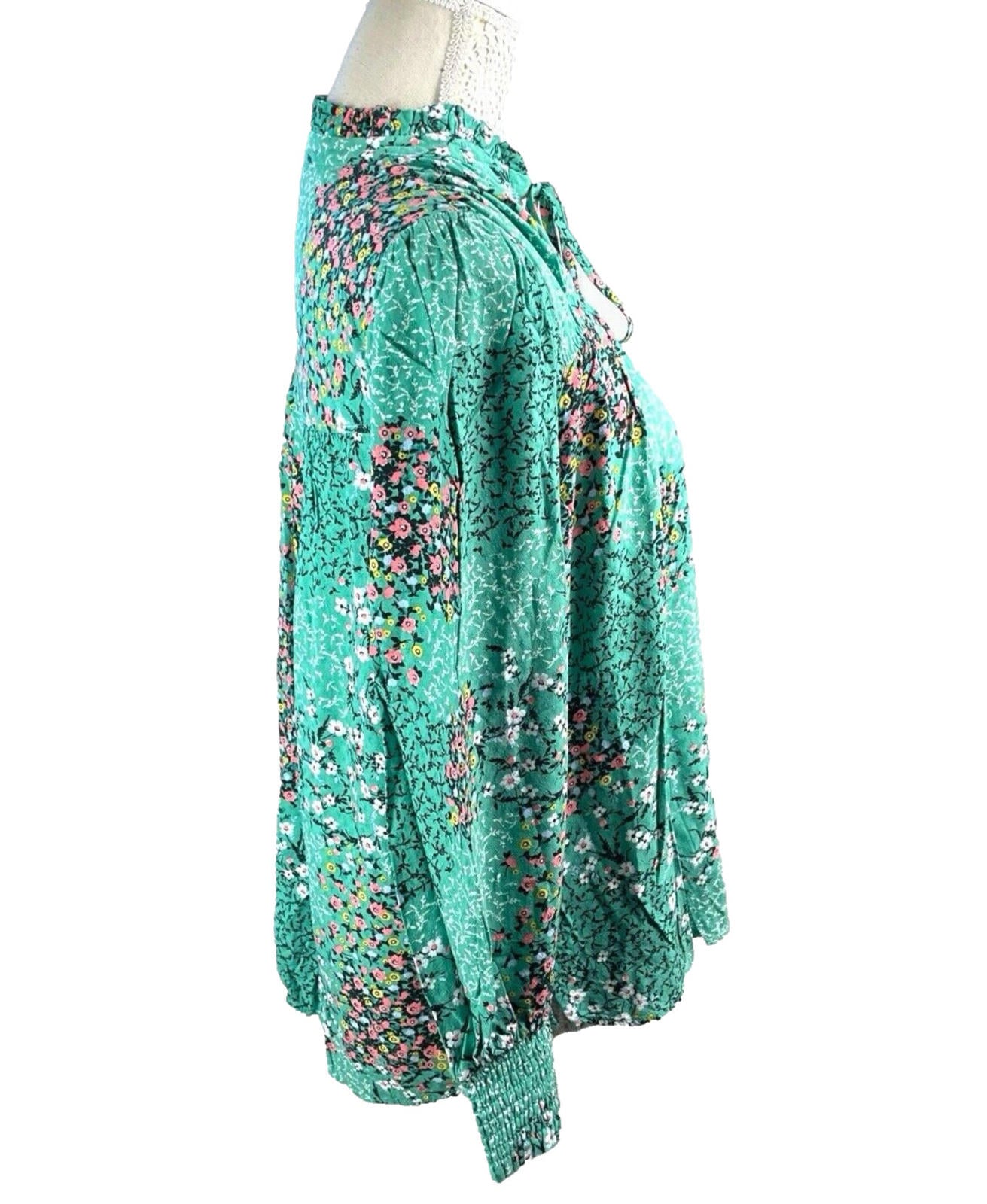 Marks & Spencer Floral Blouse Women’s UK Size 12 Tie Neck Long Sleeve Green