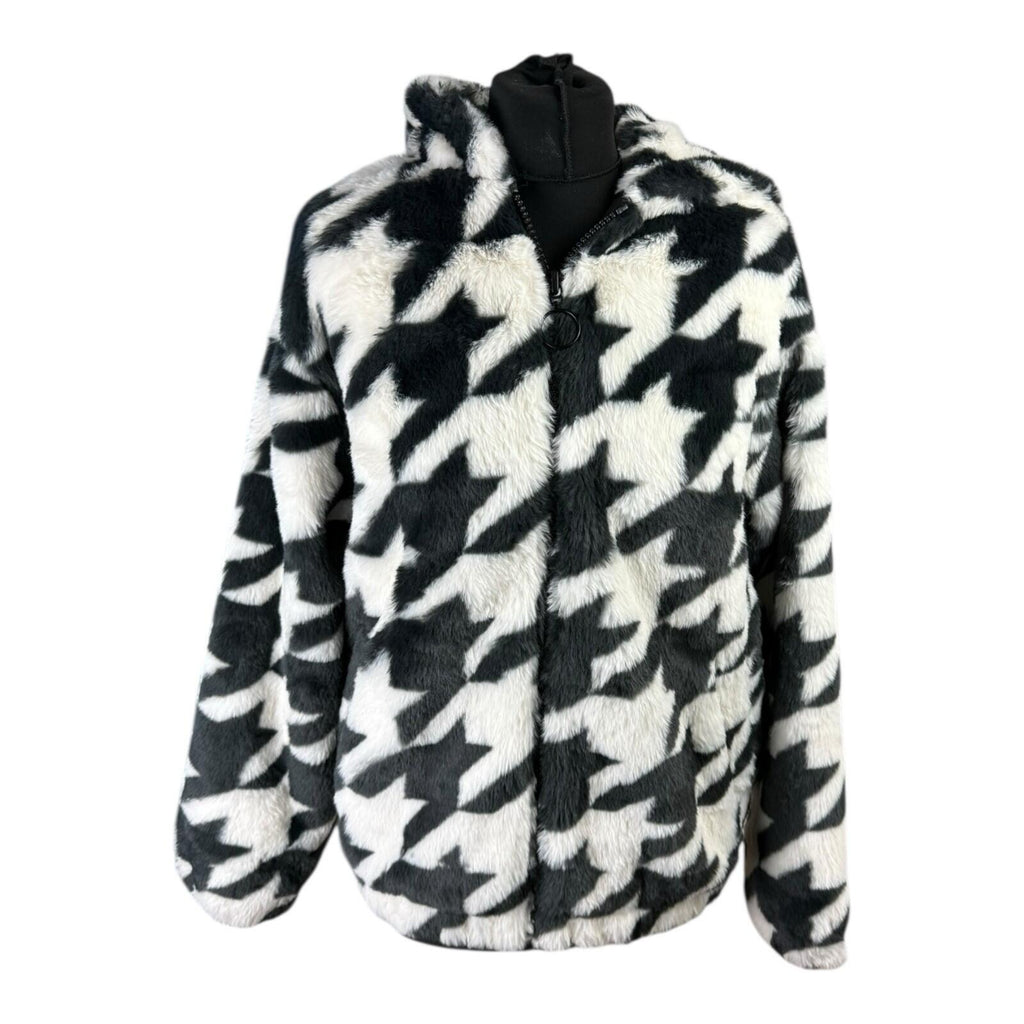 Divided Faux Fur Bomber Jacket Women’s UK Size XS Hooded Pockets Houndstooth
