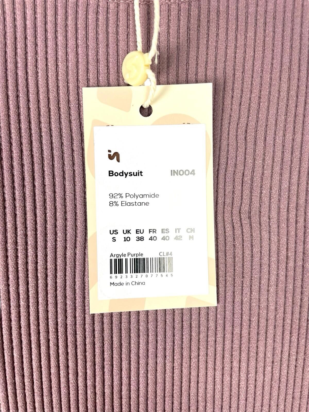 Inlyric Bodysuit Argyle Purple Ribbed Top Stretch Women’s UK Size 10