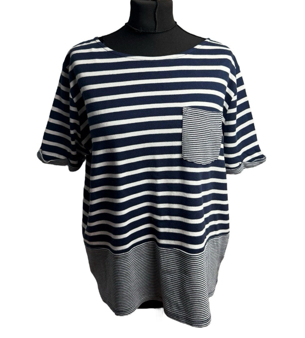 TU Navy Stripe Nautical T-Shirt Front Pocket 100% Cotton Women’s UK Size 18