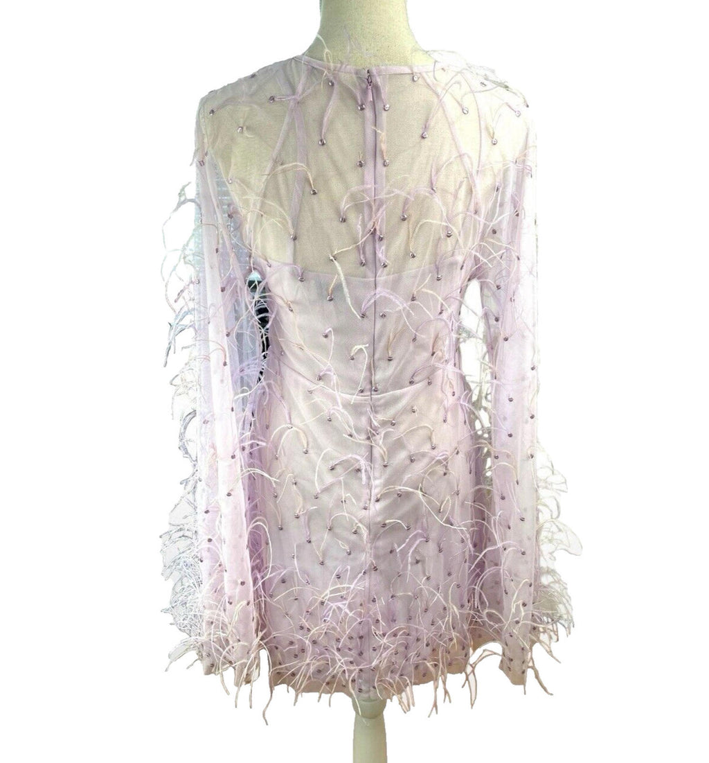 Lace & Beads Lilac Aster Feather Midi Dress Shawl Sleeve Women’s UK Size 10