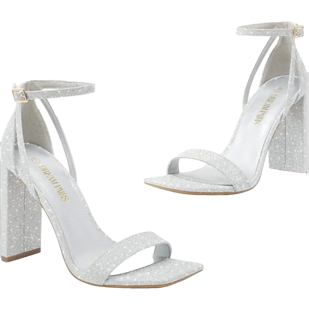 Dream Pairs Silver Sparkle Block Heel Shoes square Toe Women’s UK Size 8