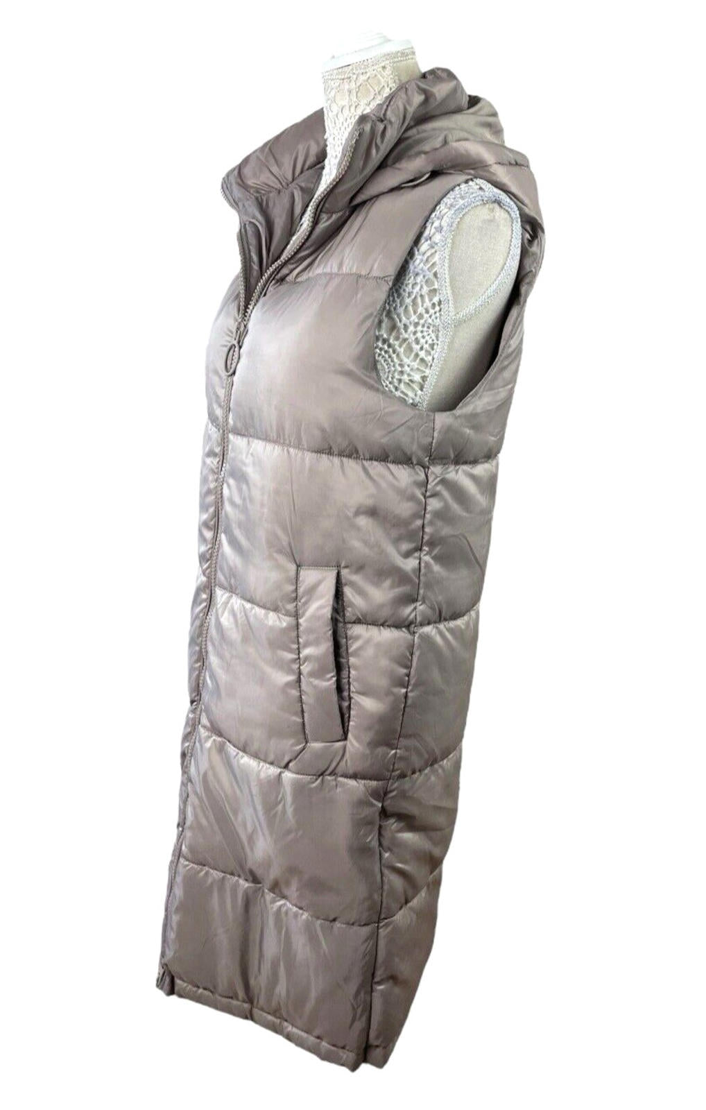 Pull & Bear Long Padded Gilet Women's UK Size XS Grey Hooded Sleeveless Puffer
