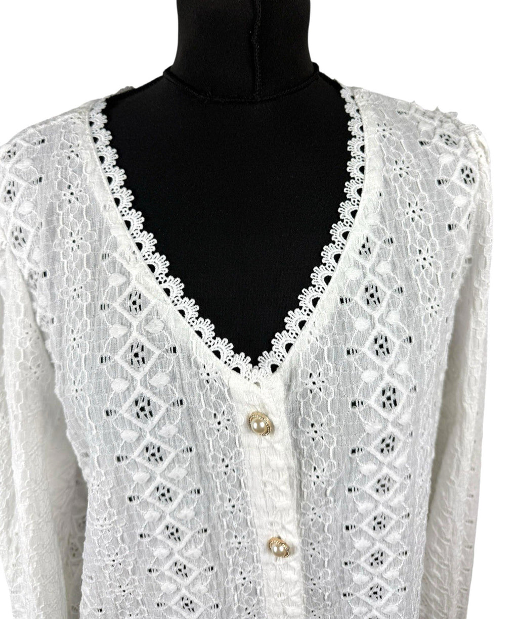 Shein Lace Cardigan Blouse Women’s UK Size XL White Pearl Button V-Neck Crochet