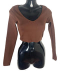 Stradivarius Brown Long Sleeve Crop Top V Neck Women’s UK Size XS