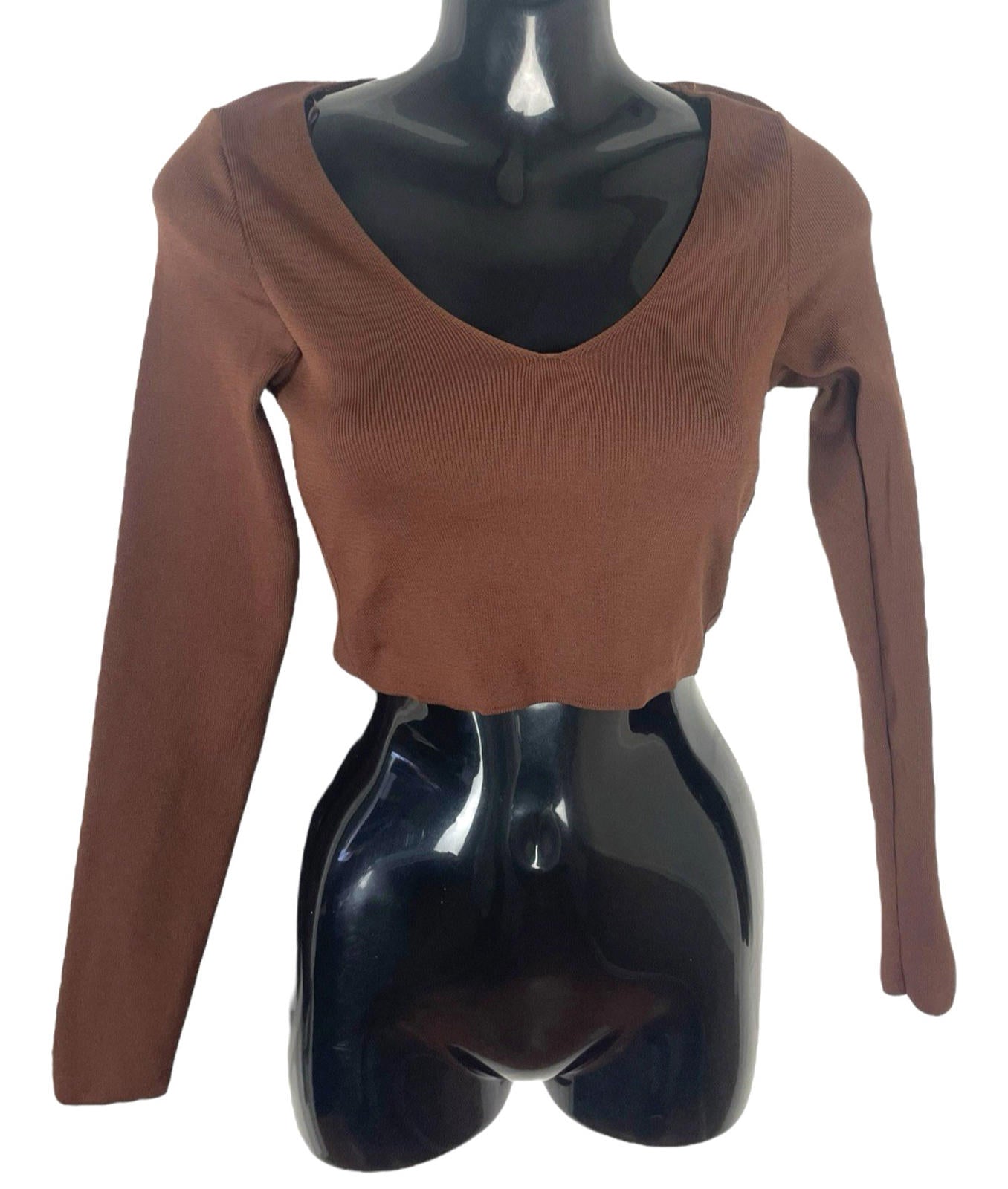 Stradivarius Brown Long Sleeve Crop Top V Neck Women’s UK Size XS