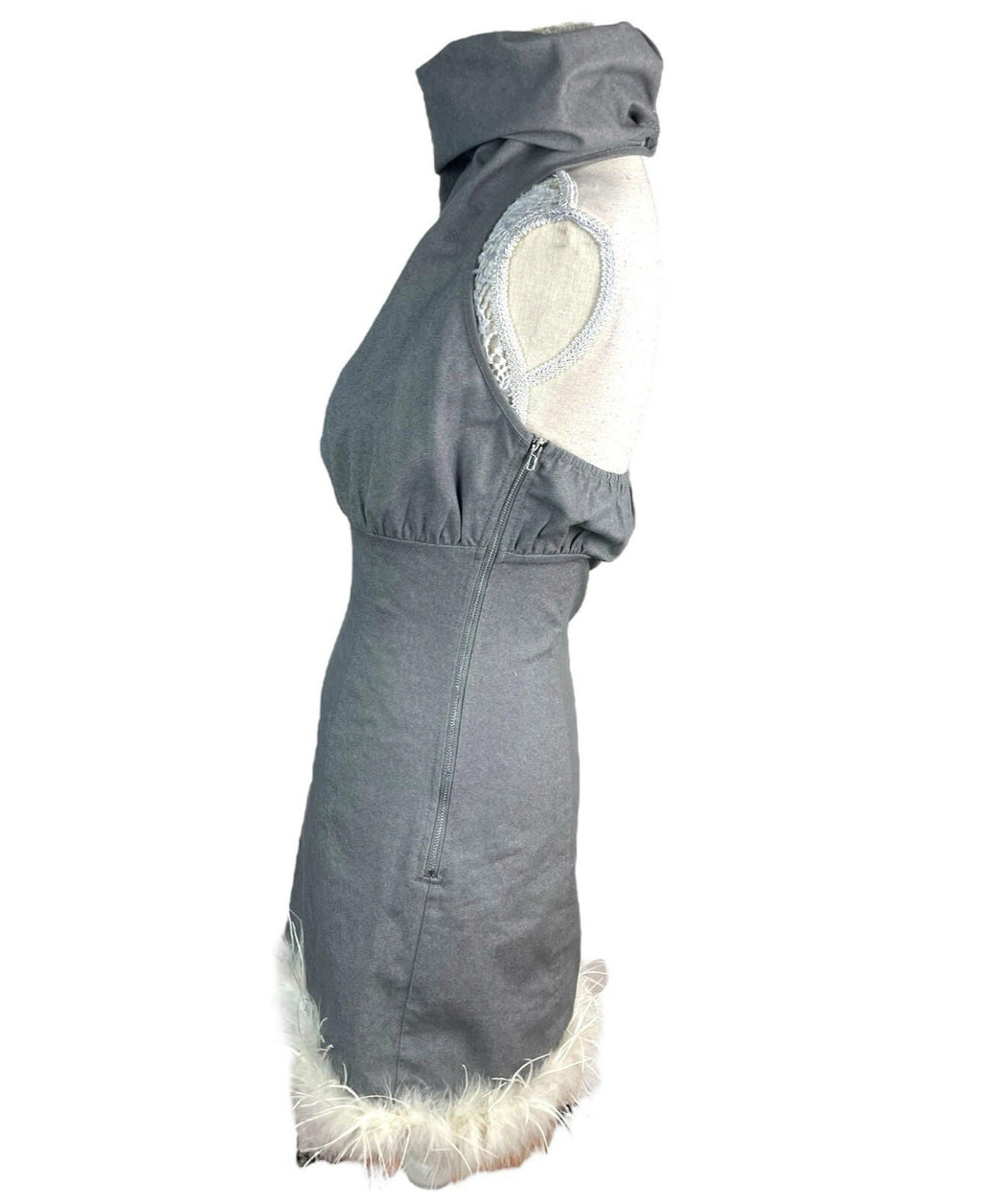 Pretty Little Thing Midi Dress Grey Denim Backless Feather Hem Women’s UK Size 8