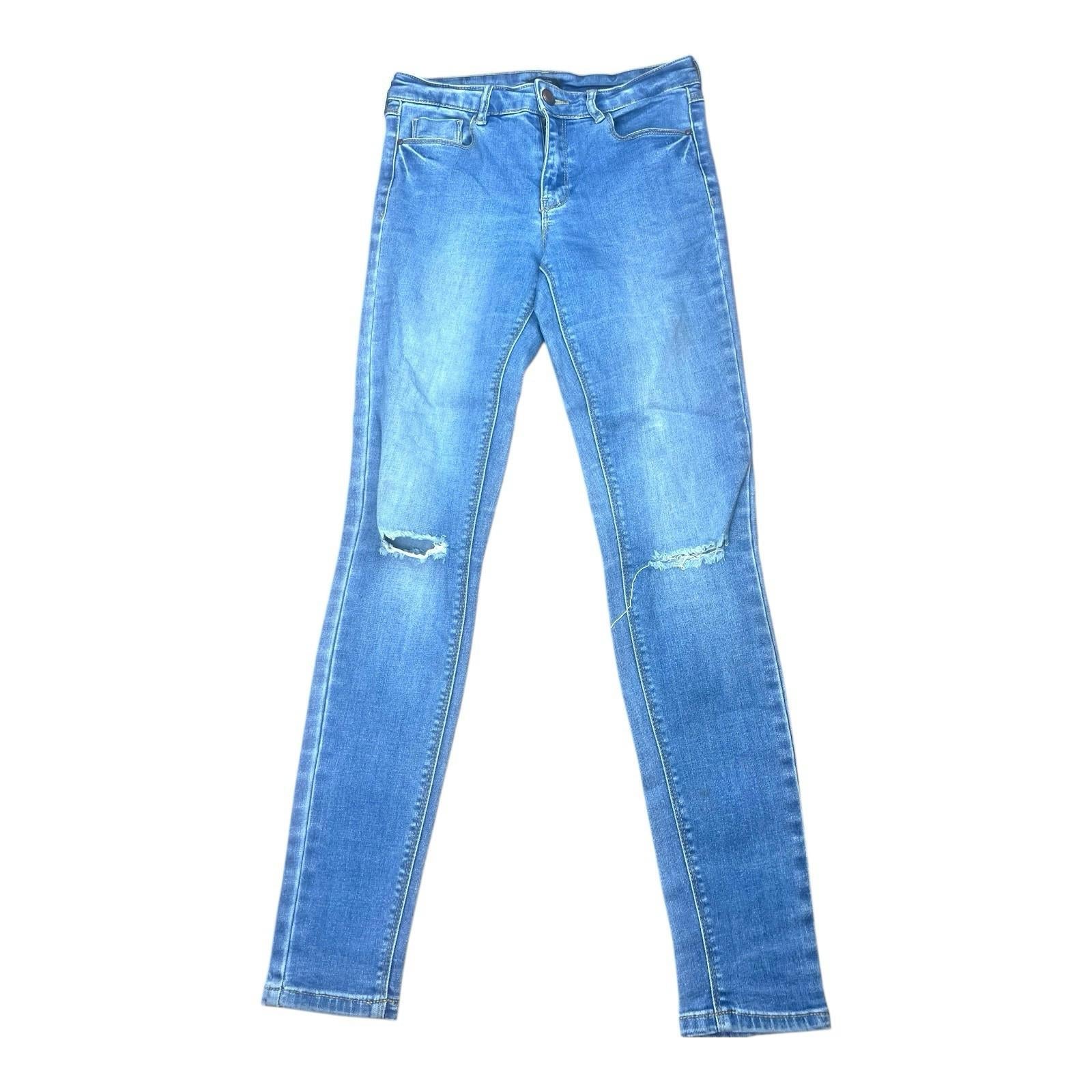 F&F Skinny Leg Jeans Medium Wash High Waist Ripped Distressed Women’s UK Size 8