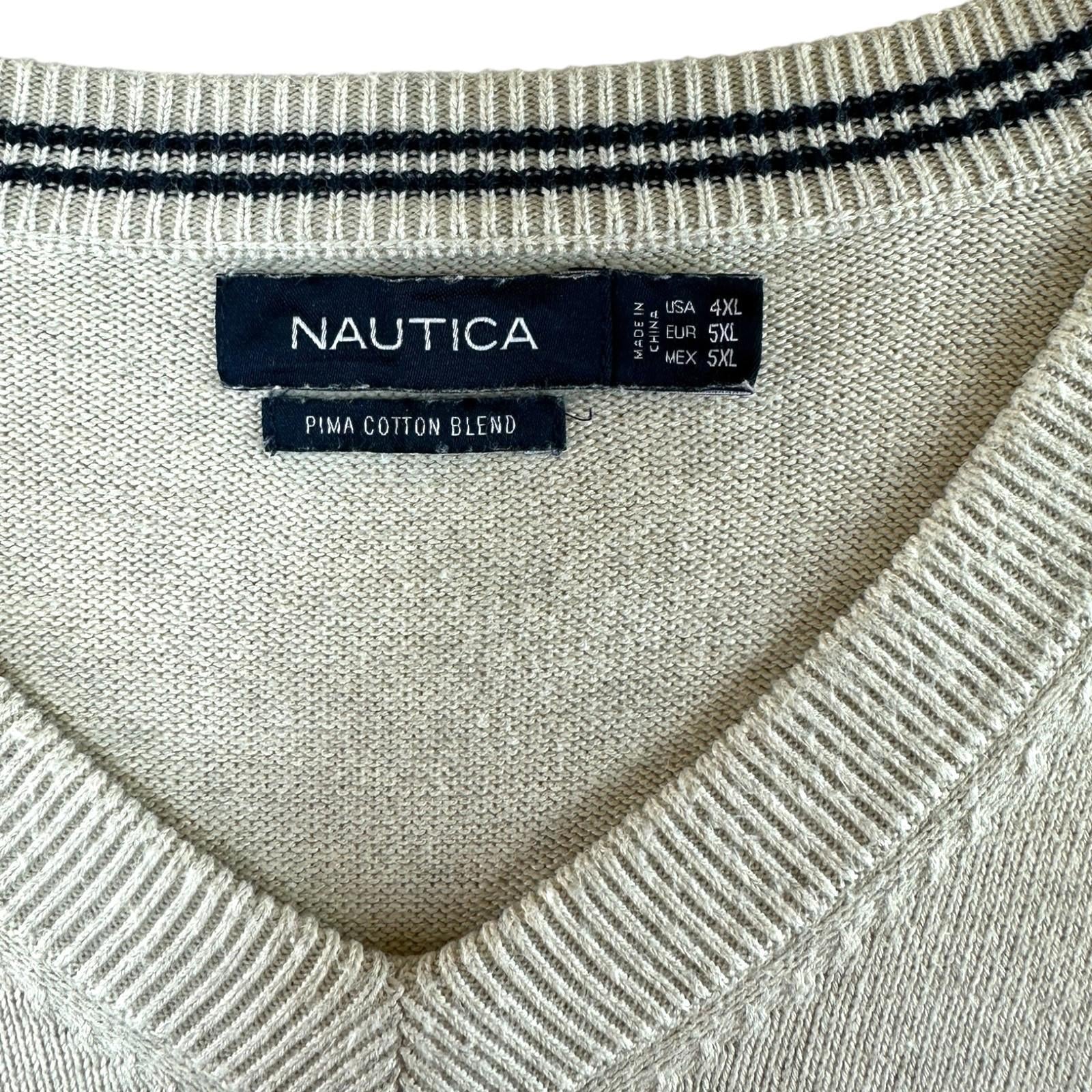 Nautica Knit Jumper Men's UK Size 5XL Beige 100% Cotton Embroidered V-Neck