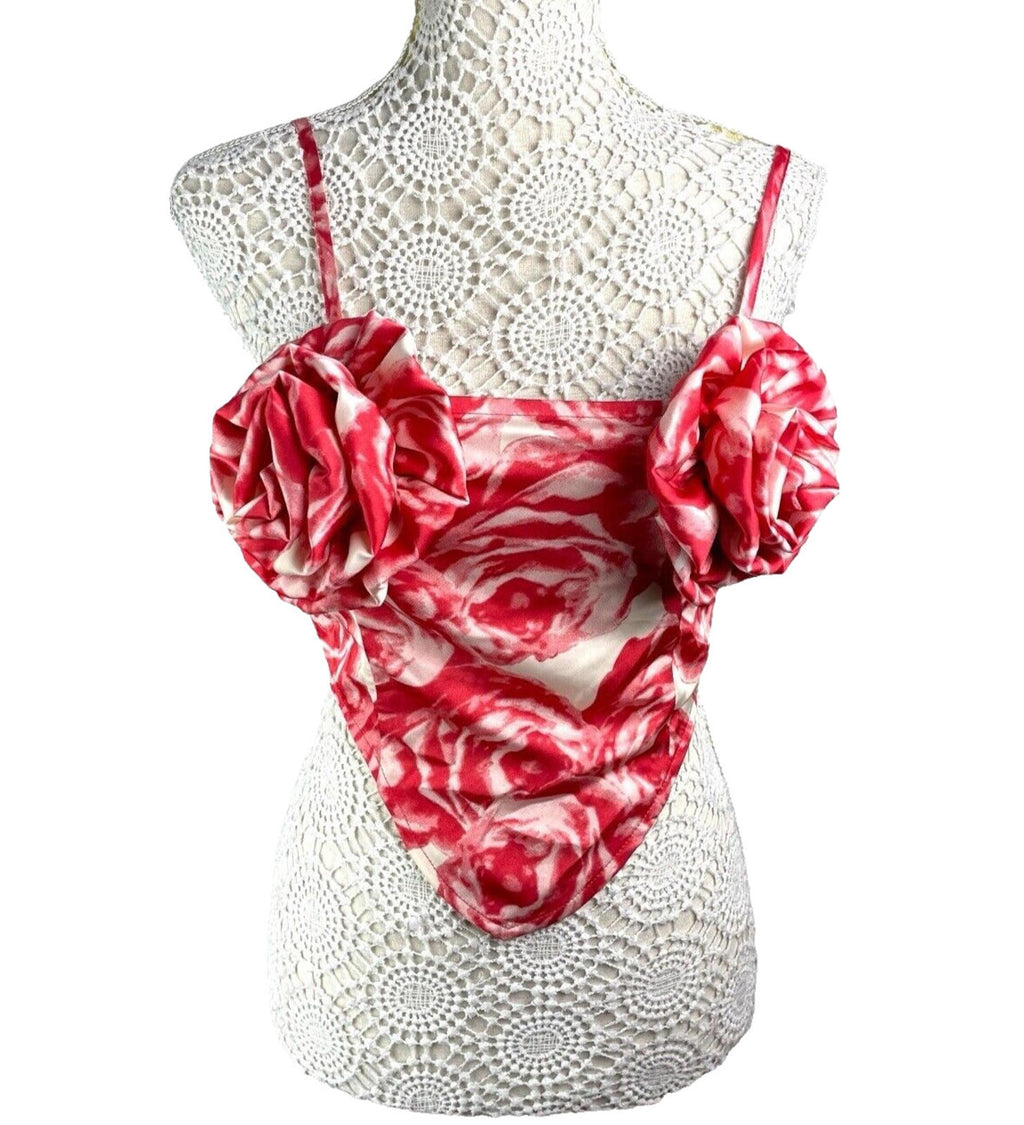 Pretty Little Thing Red & Cream Satin Flower Crop Top Women’s UK Size 8
