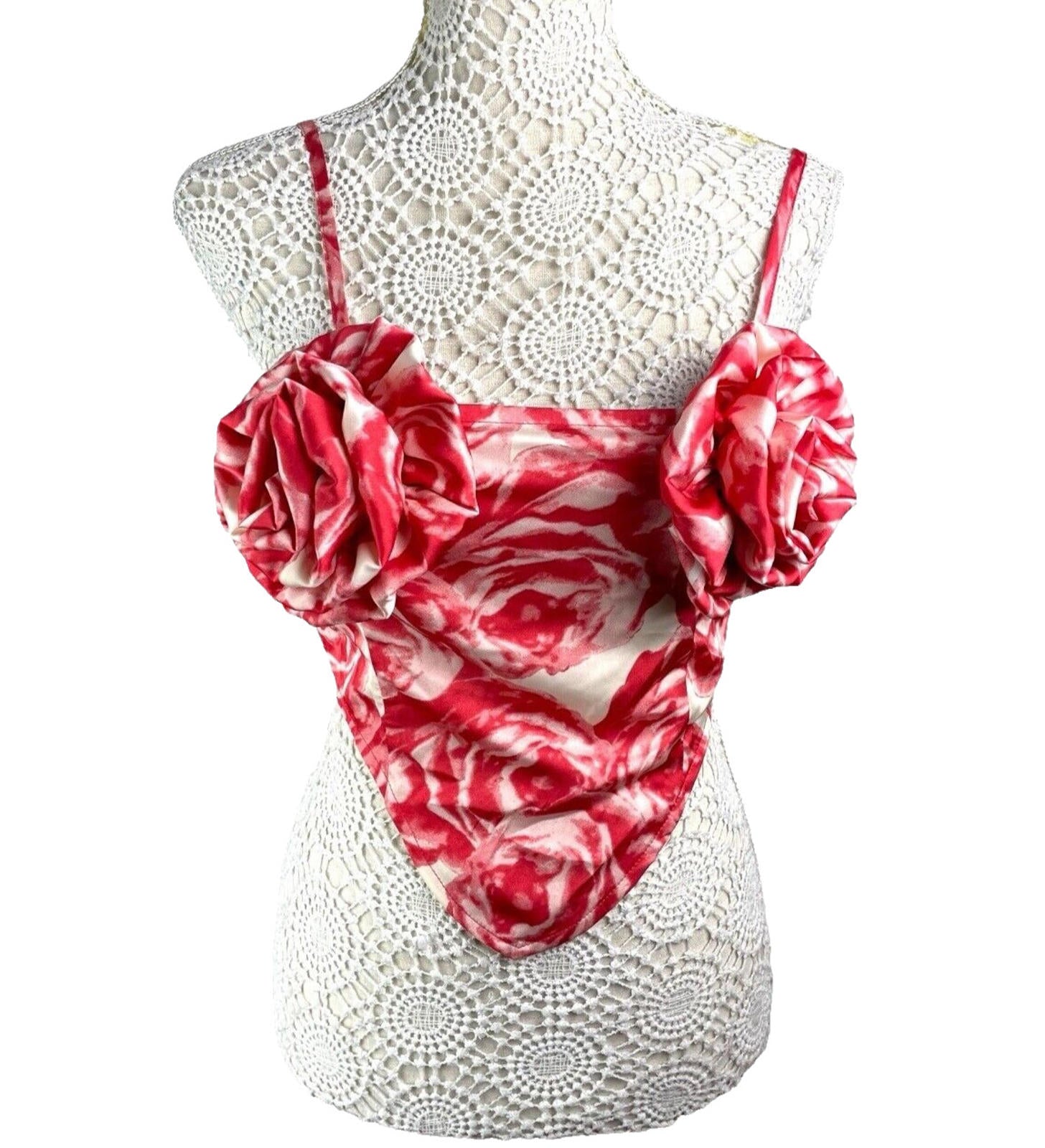 Pretty Little Thing Red & Cream Satin Flower Crop Top Women’s UK Size 8
