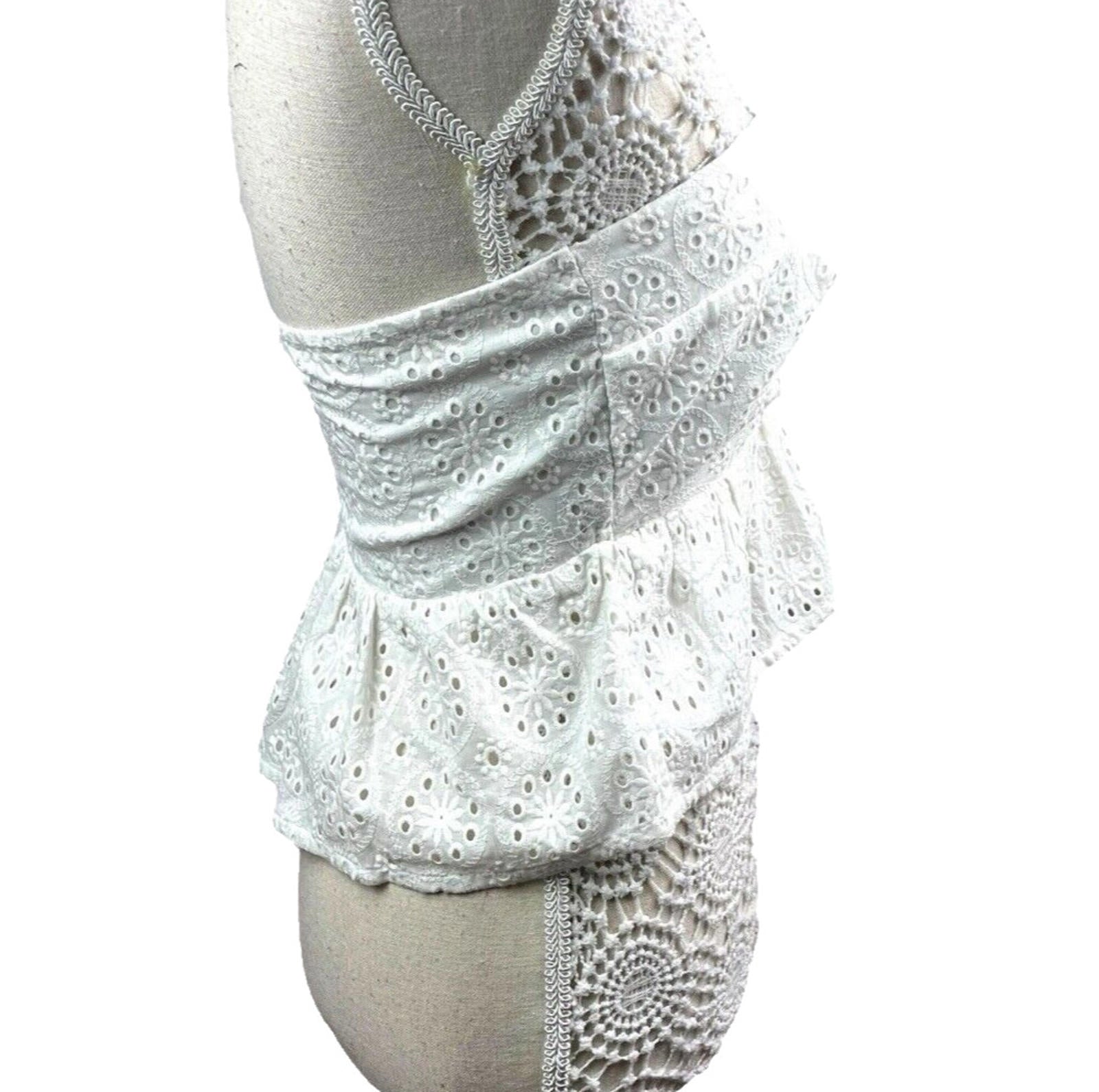 White Strapless Peplum Top Embroidered Daisy Design Women’s UK Size 8