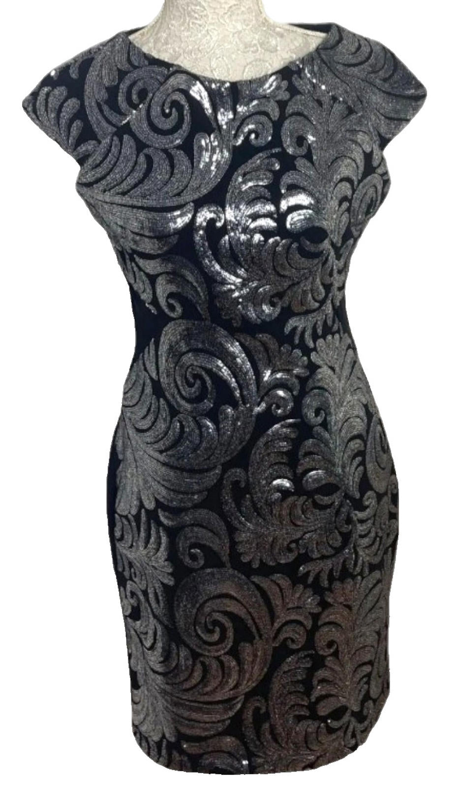 Amy Childs Black Midi Dress Silver Sequin Leaf Detail Women's UK Size 14