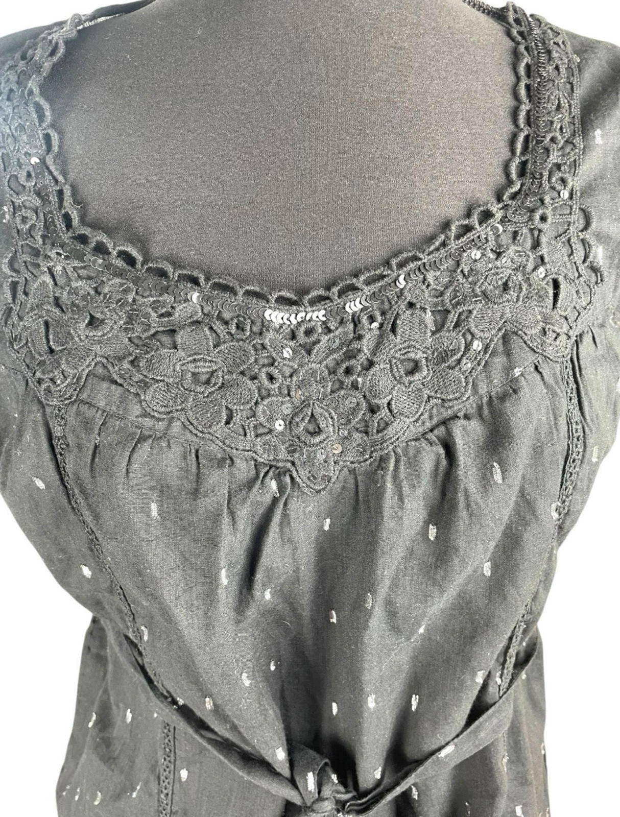 Oasis Blouse Women's UK Size 10 Black Glitter Lace Neckline Belted