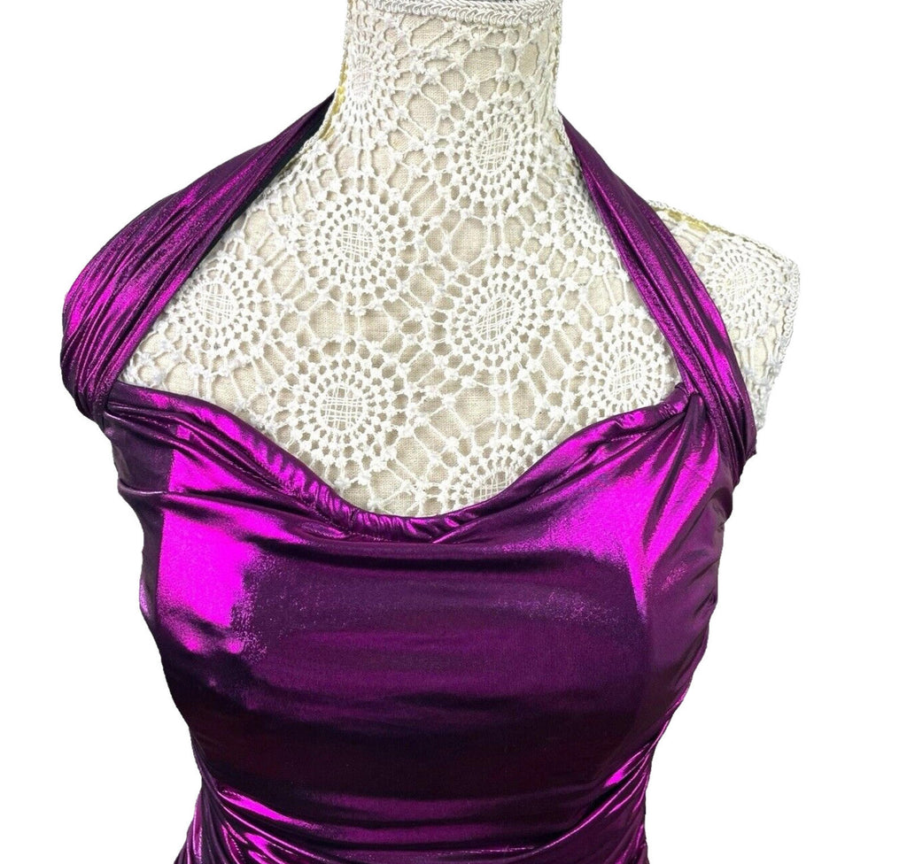 Metallic Bodycon Halter Neck Mini Dress Women’s UK Size XS Purple Party Cocktail
