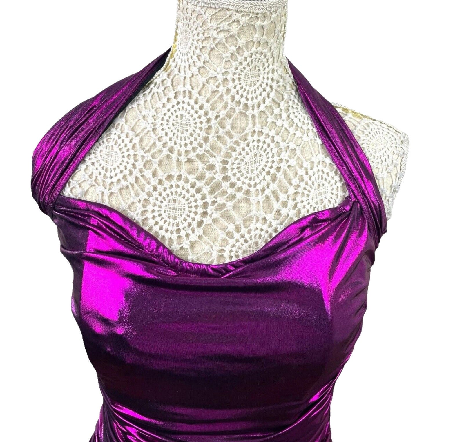 Metallic Bodycon Halter Neck Mini Dress Women’s UK Size XS Purple Party Cocktail