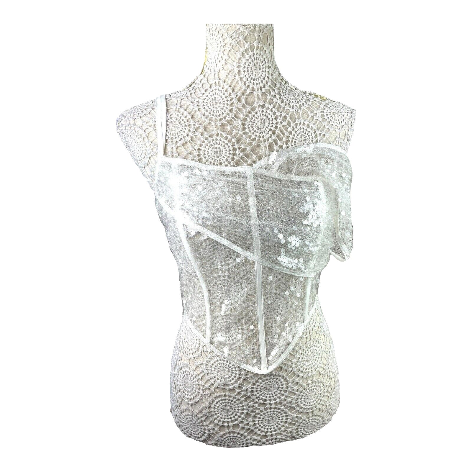 Pretty Little Thing Sheer Sequin One Sleeve Corset Top Women’s UK Size 8 Cropped