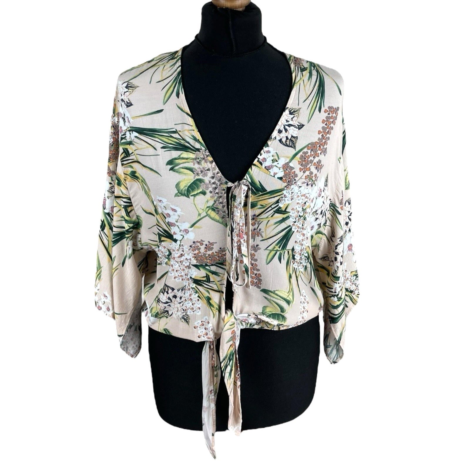 River Island Floral Croptop Tie Front 3/4 Sleeve Pastel Women’s UK Size 12