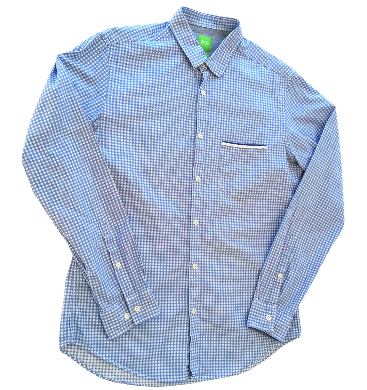 Hugo Boss Shirt Men's UK Size M Long Sleeve Blue Check 100% Cotton Pocket Modern