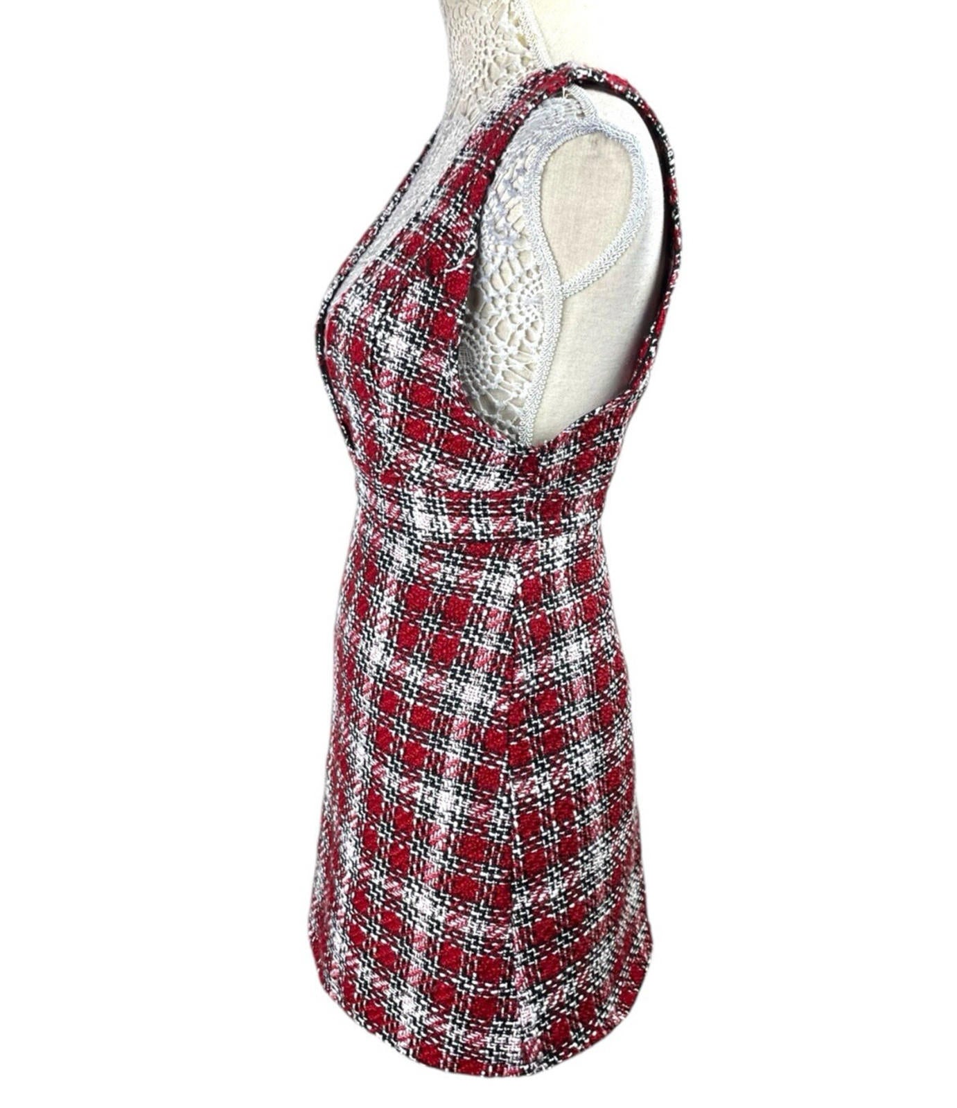 New Look Red Tartan Pinafore Mini Dress Women’s UK Size 8 Petite Boucle Tweed