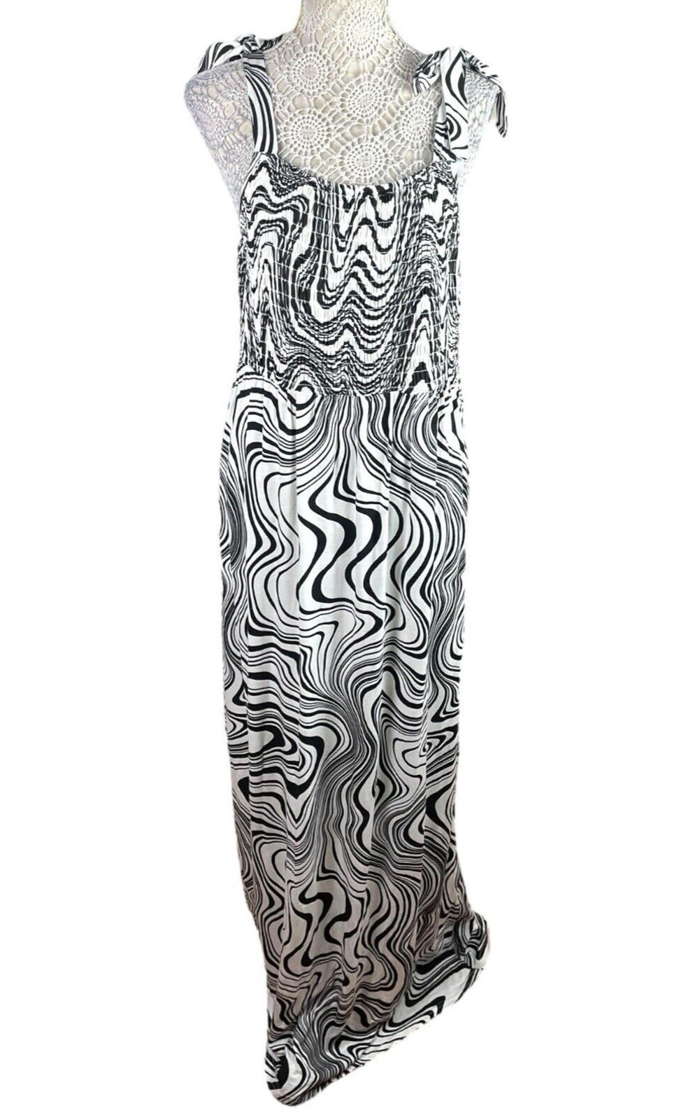 Papaya Maxi Dress Women’s UK Size 16 Black & White Tie Shoulder Abstract Swirl