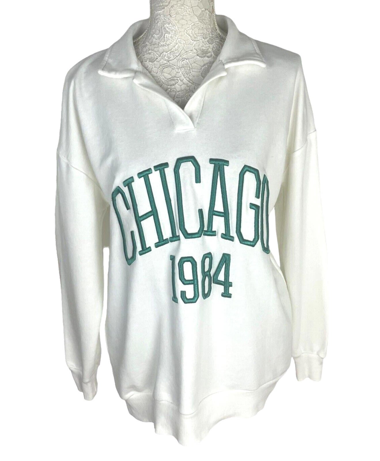Stradivarius Over Sized Jersey Jumper Collared White Chicago Women's UK Size XS