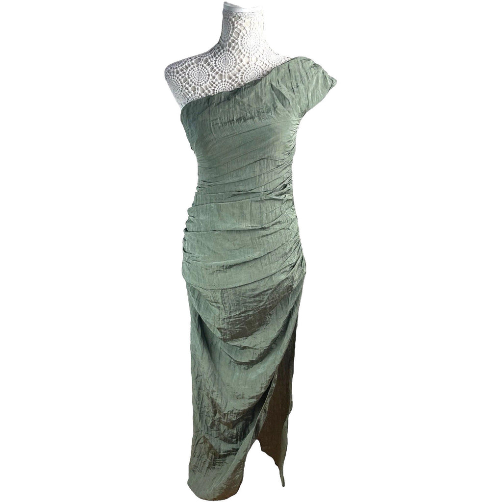 Evening Occasion Dress Women's UK Size 8 Green One Shoulder Crinkle Side Slit
