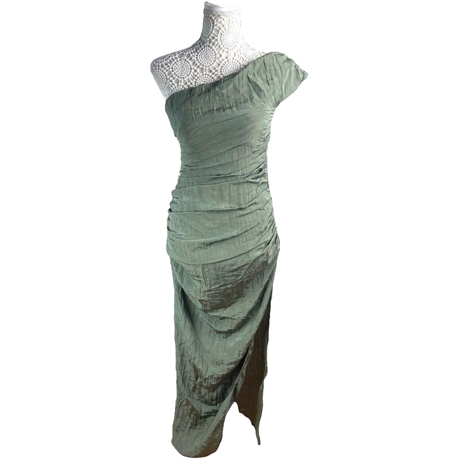 Evening Occasion Dress Women's UK Size 8 Green One Shoulder Crinkle Side Slit