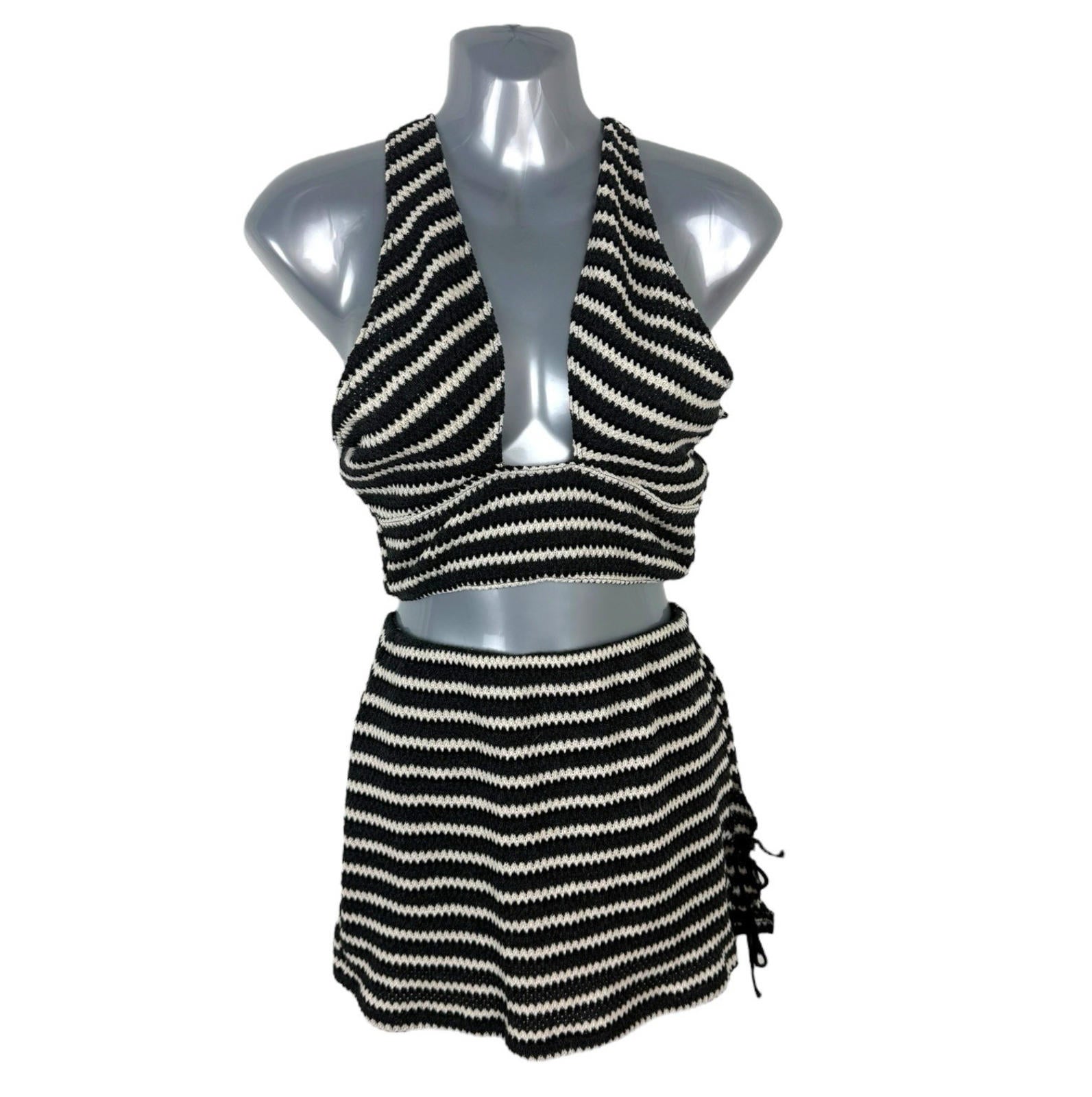 Pull&Bear Co Ord Set Skirt And Croptop Set Knitted Stripe Women’s UK Size S