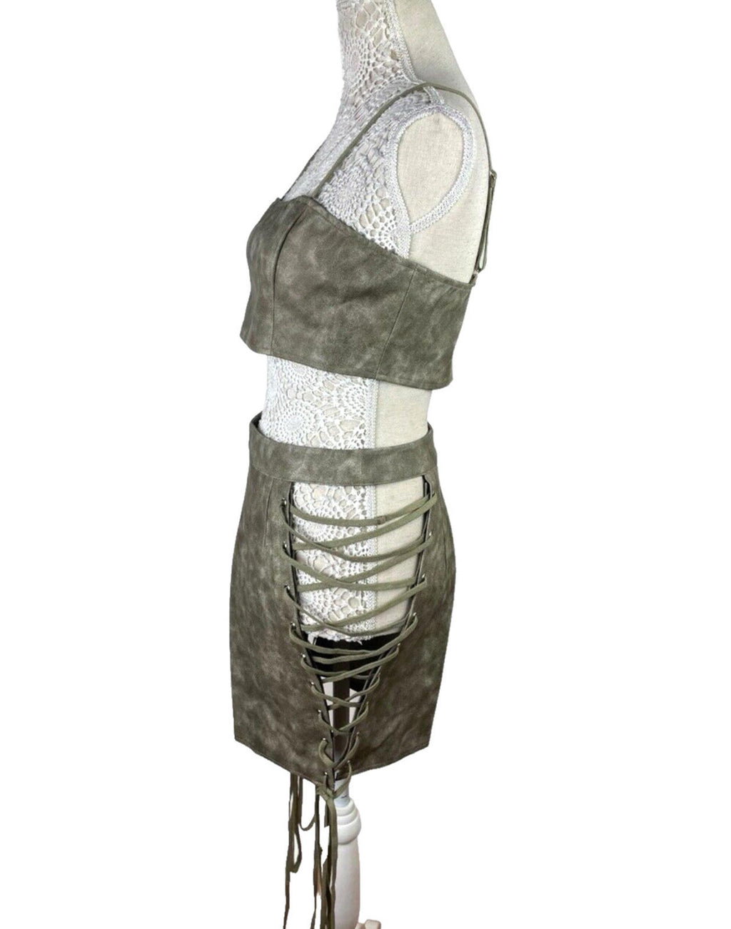 Pretty Little Thing Lace-Up Skirt & Croptop Set Women’s UK Size 8 Faux Leather