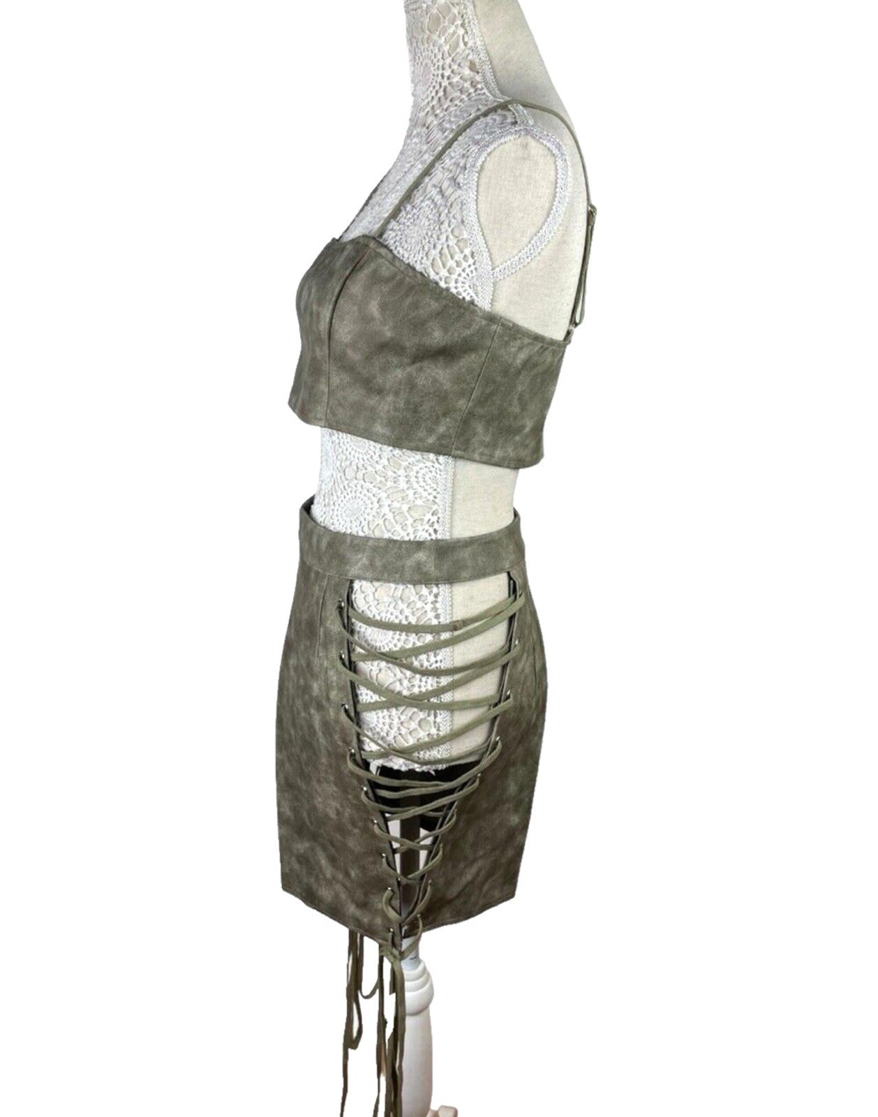 Pretty Little Thing Lace-Up Skirt & Croptop Set Women’s UK Size 8 Faux Leather