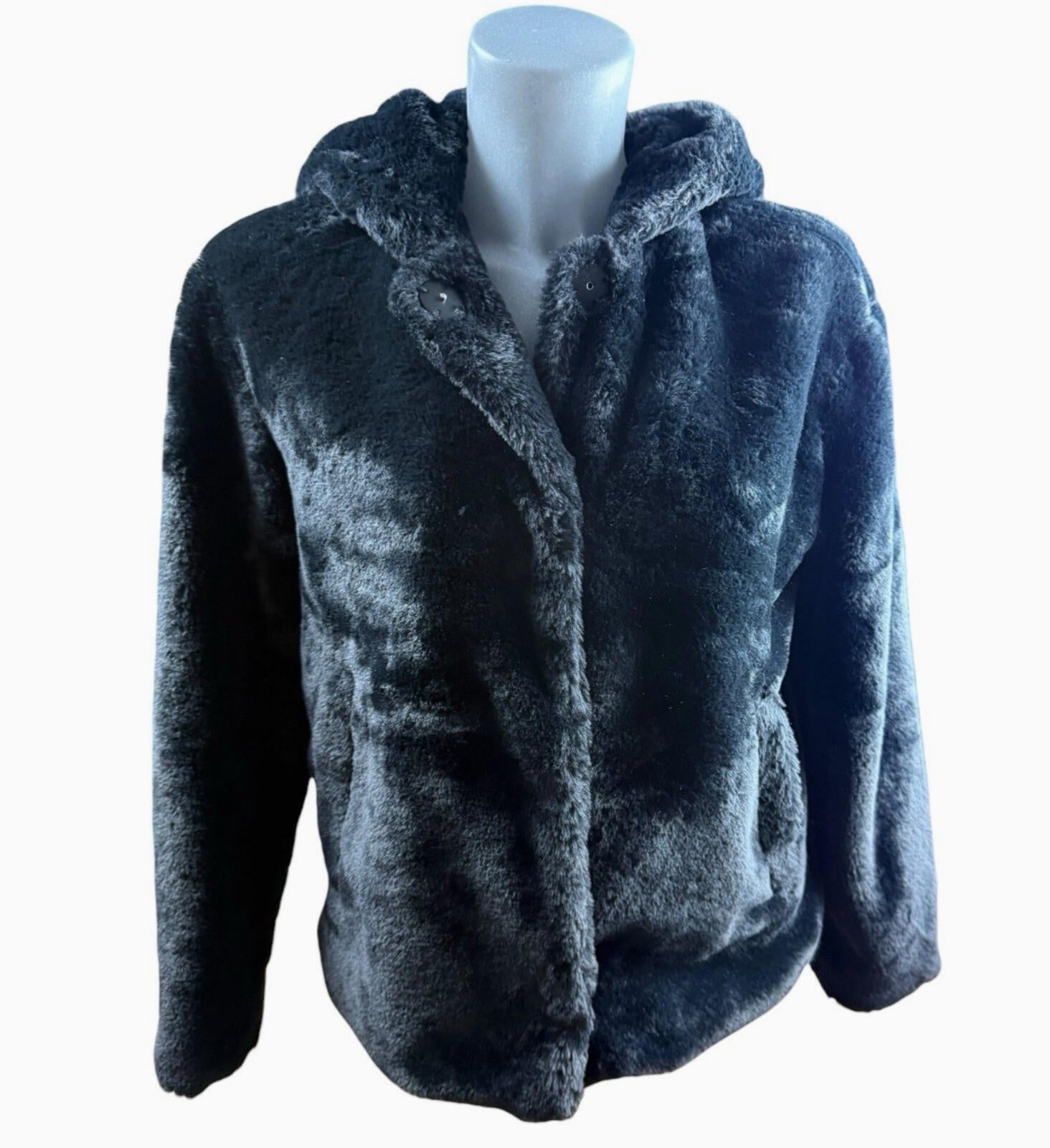 Primark Faux Fur Hooded Coat Jacket Women’s UK Size 2XS Black Snap Button Lined