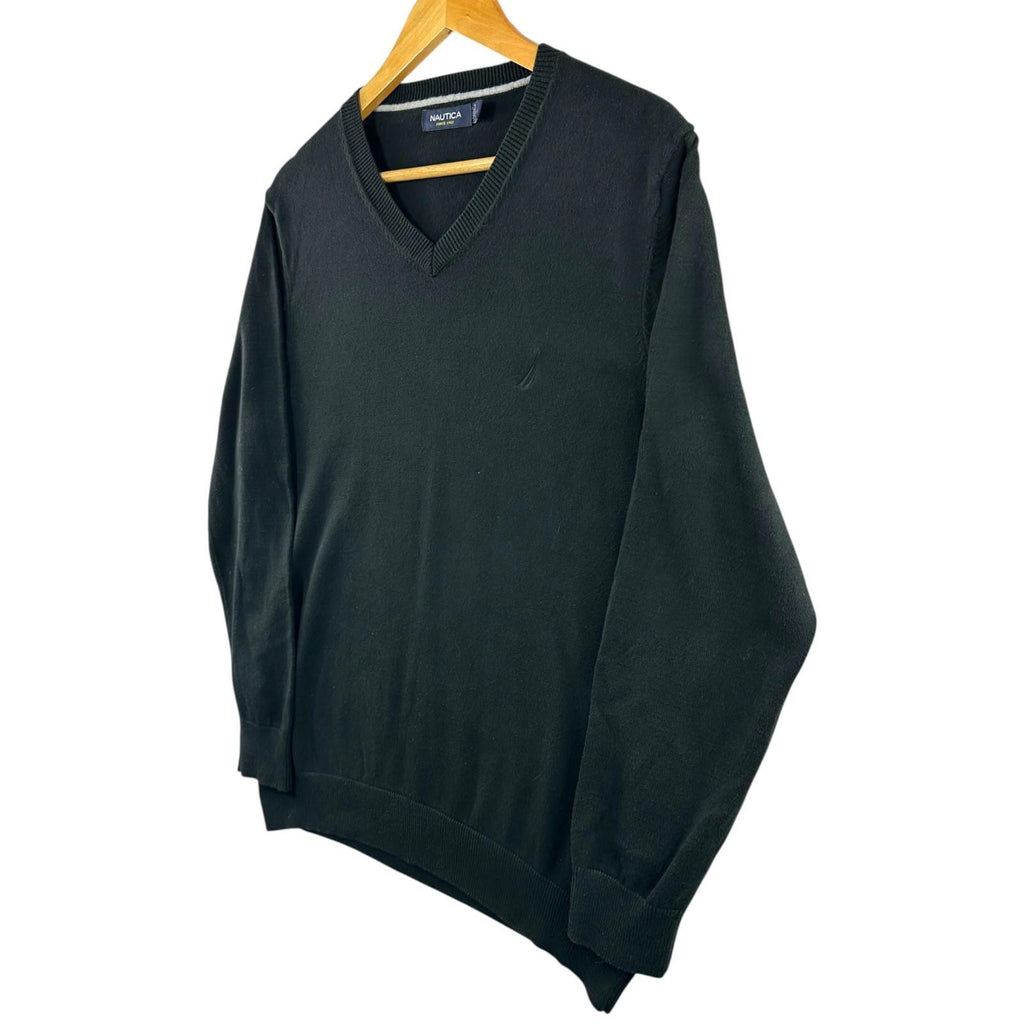 Nautica Knit Jumper Men's UK Size XL Black Long Sleeve 100% Cotton V-Neck