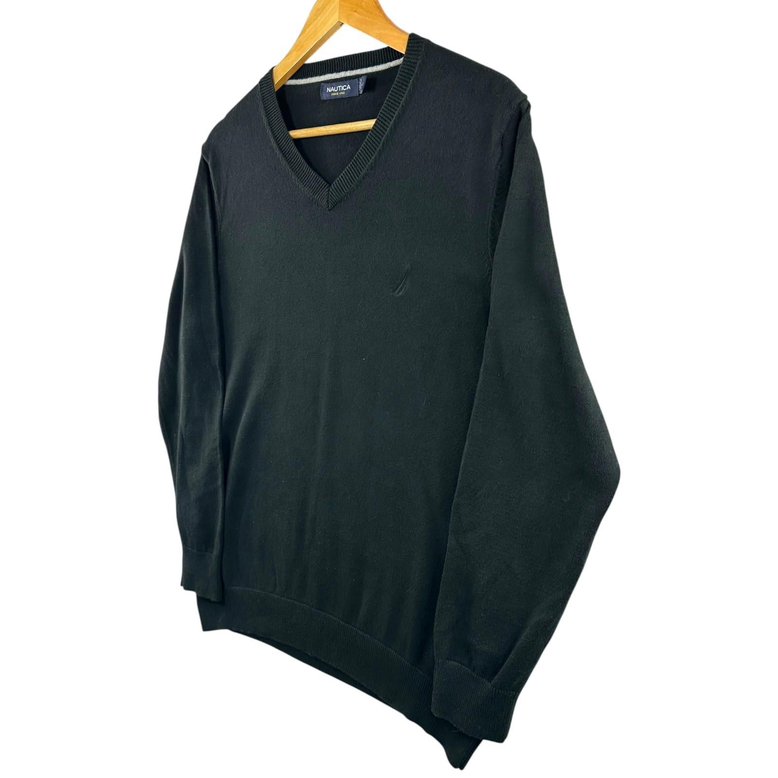Nautica Knit Jumper Men's UK Size XL Black Long Sleeve 100% Cotton V-Neck
