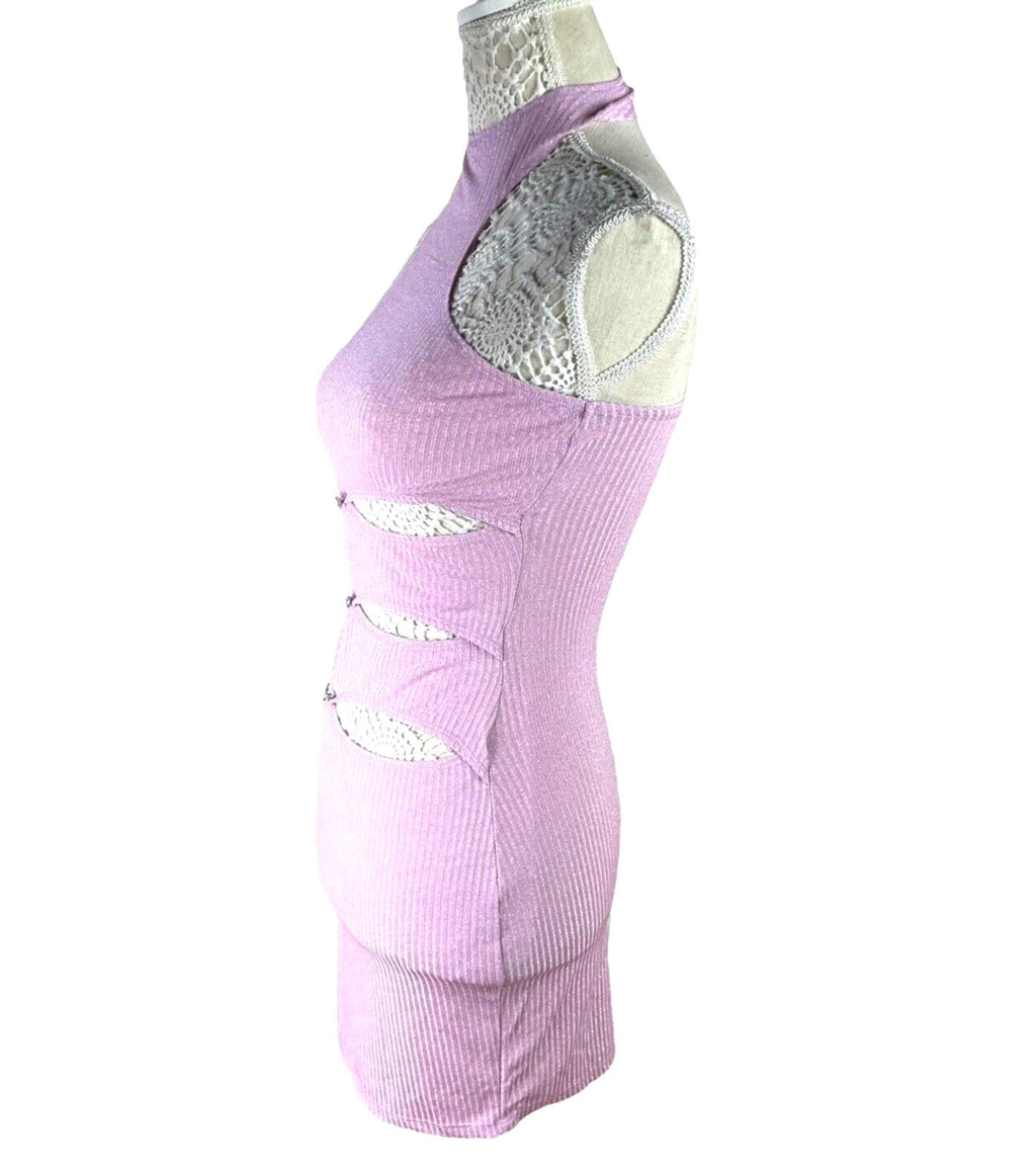 Lilac Ribbed Cut Out Bodycon Mini Dress Halter Neck Women’s UK Size 8