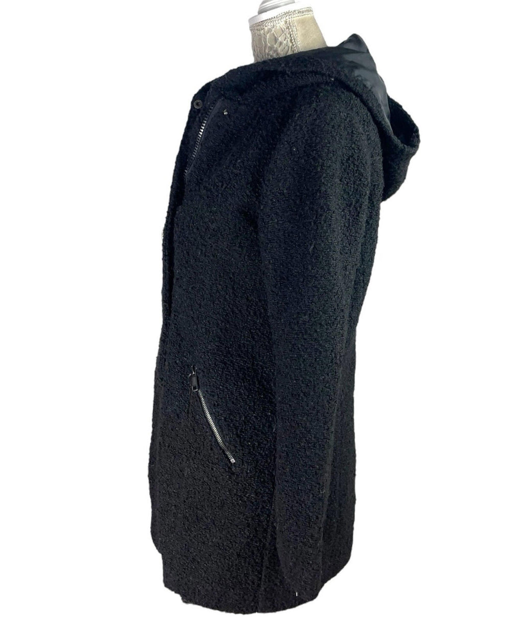 Primark Black Teddy Fleece Coat Mid Length Hooded Women’s UK Size 14
