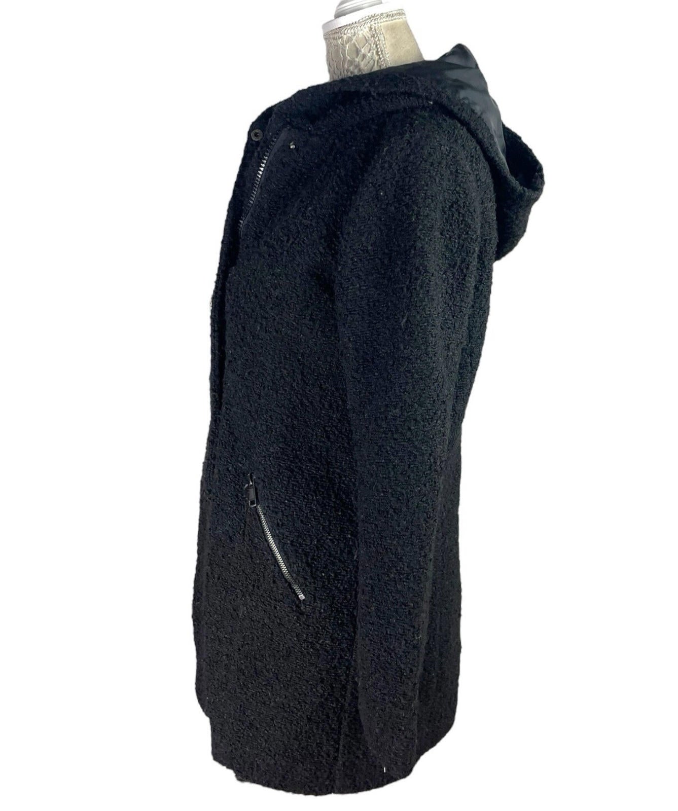 Primark Black Teddy Fleece Coat Mid Length Hooded Women’s UK Size 14