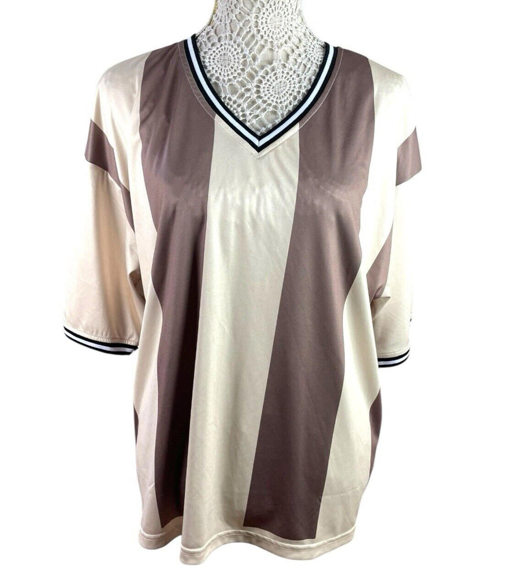 Pretty Little Thing Beige Stripe Football T-Shirt Oversized Women’s UK Size 8