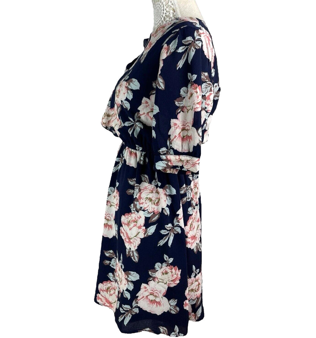 Urban Bliss Midi Dress Navy Floral High Neck Elastic Waist Women’s UK Size 10
